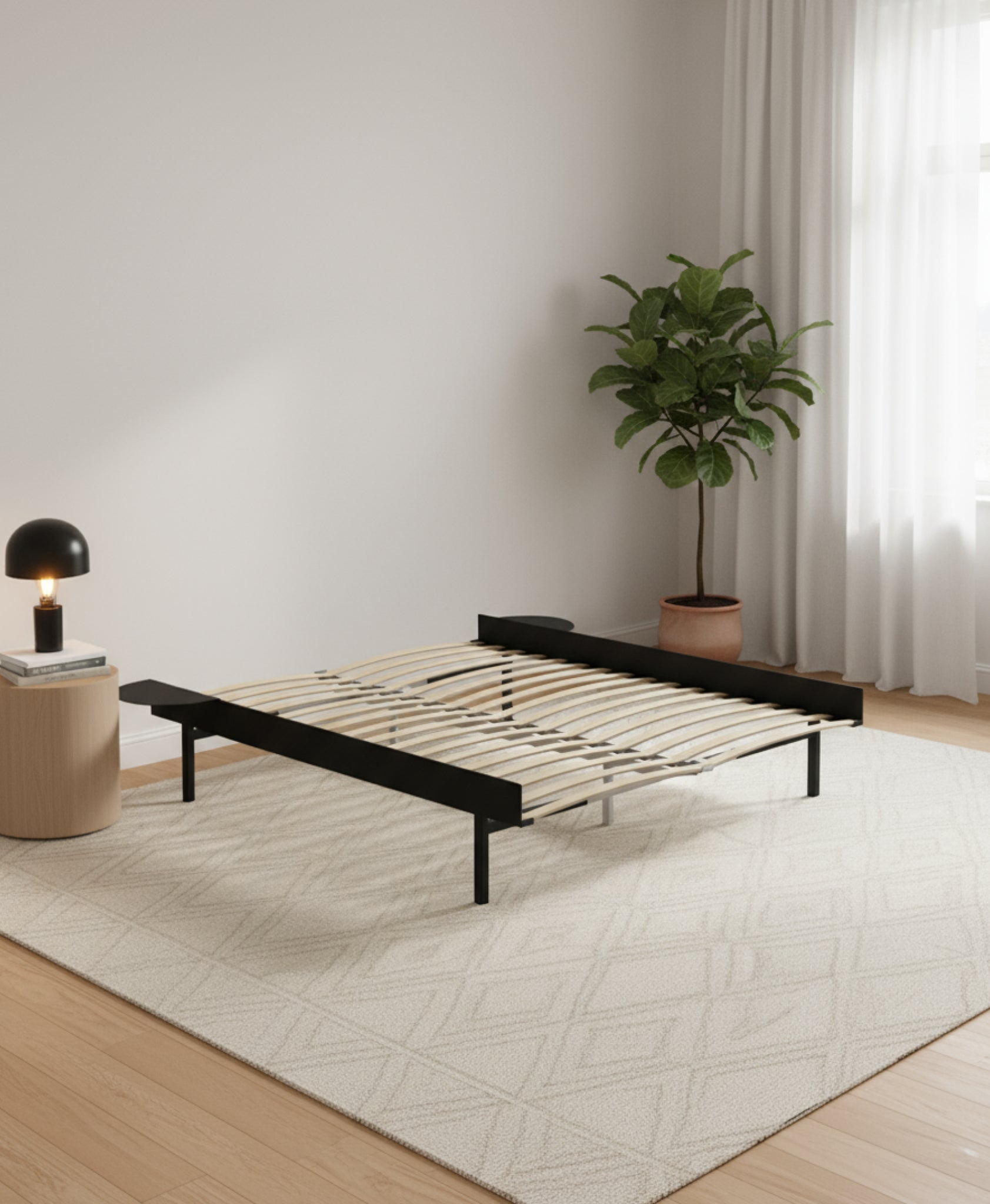 Moebe Bed, Tall Legs, 160 Cm, Slats, 2x Side Table, Black