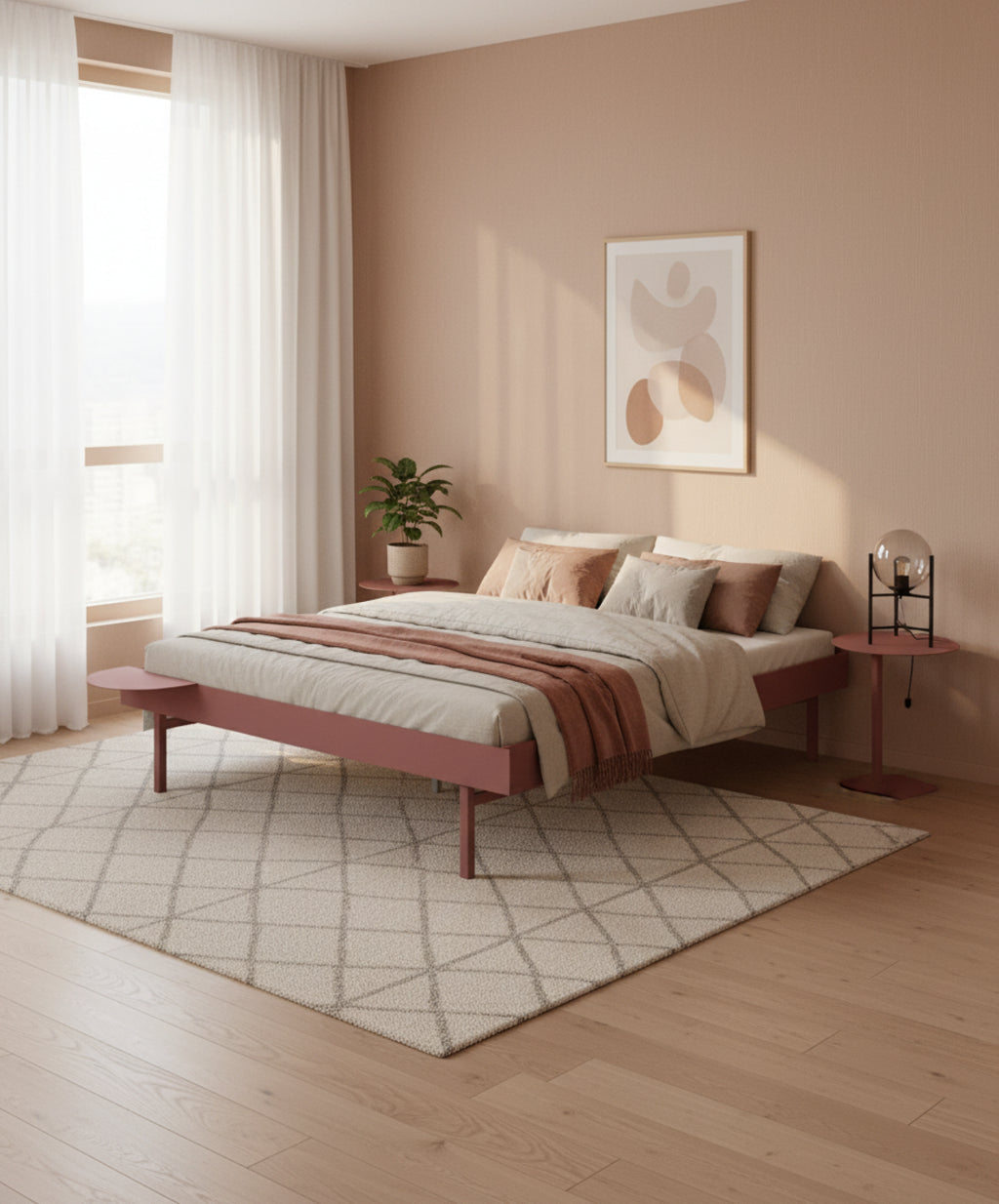 Moebe Bed, Tall Legs, 160 Cm, Slats, 2x Side Table, Dusty Rose