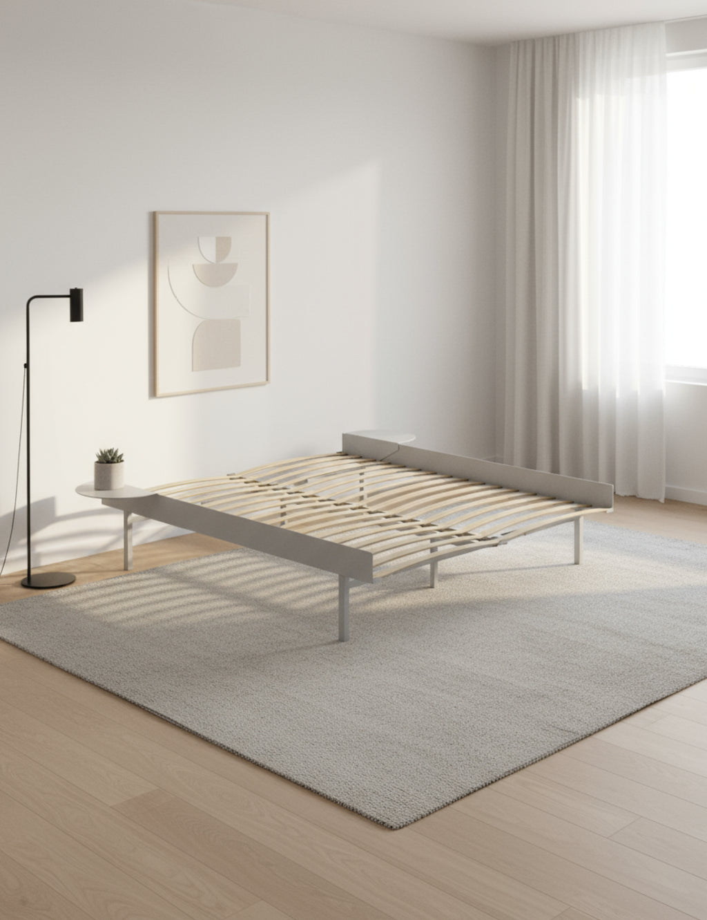 Moebe Bed, Tall Legs, 160 Cm, Slats, 2x Side Table, Stainless Steel