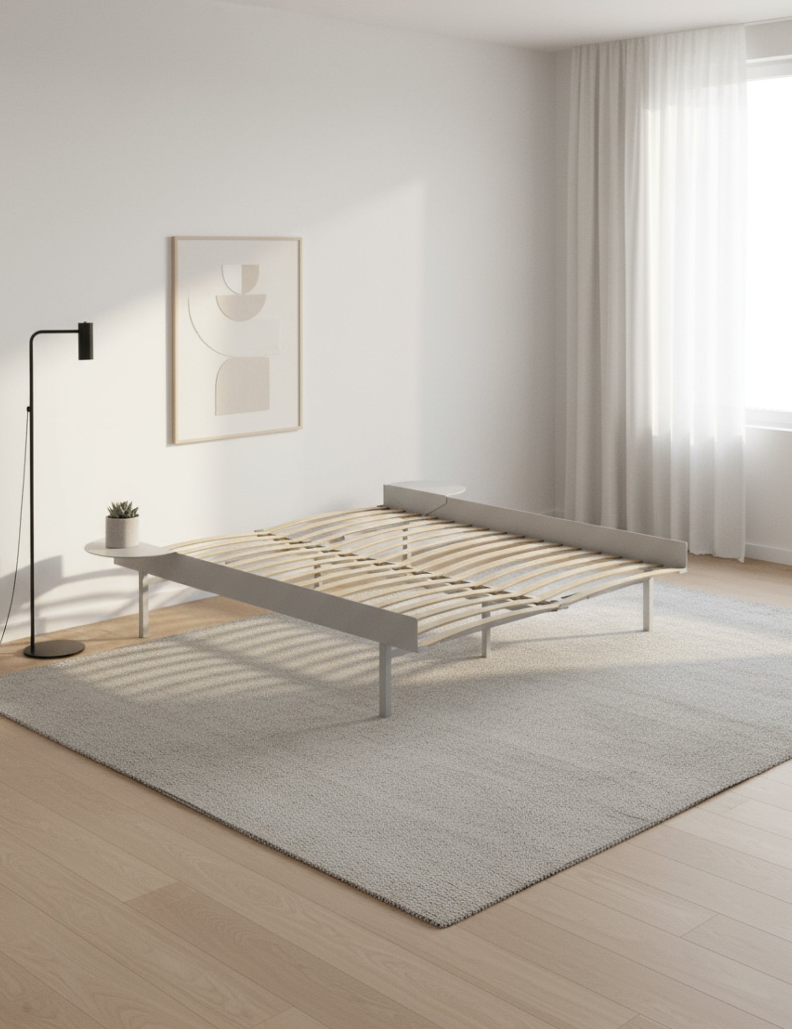 Moebe Bed, Tall Legs, 160 Cm, Slats, 2x Side Table, Stainless Steel
