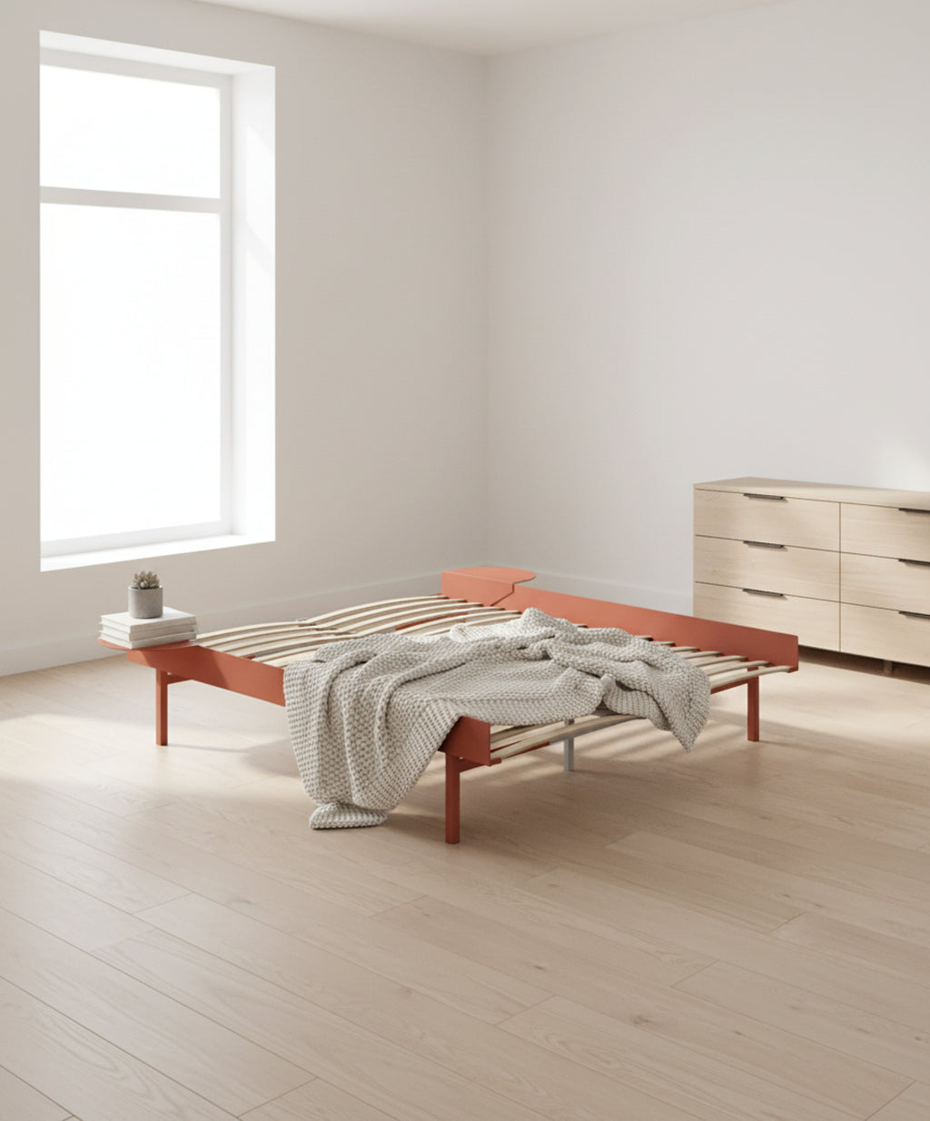 Moebe Bed, Tall Legs, 160 Cm, Slats, 2x Side Table, Terracotta