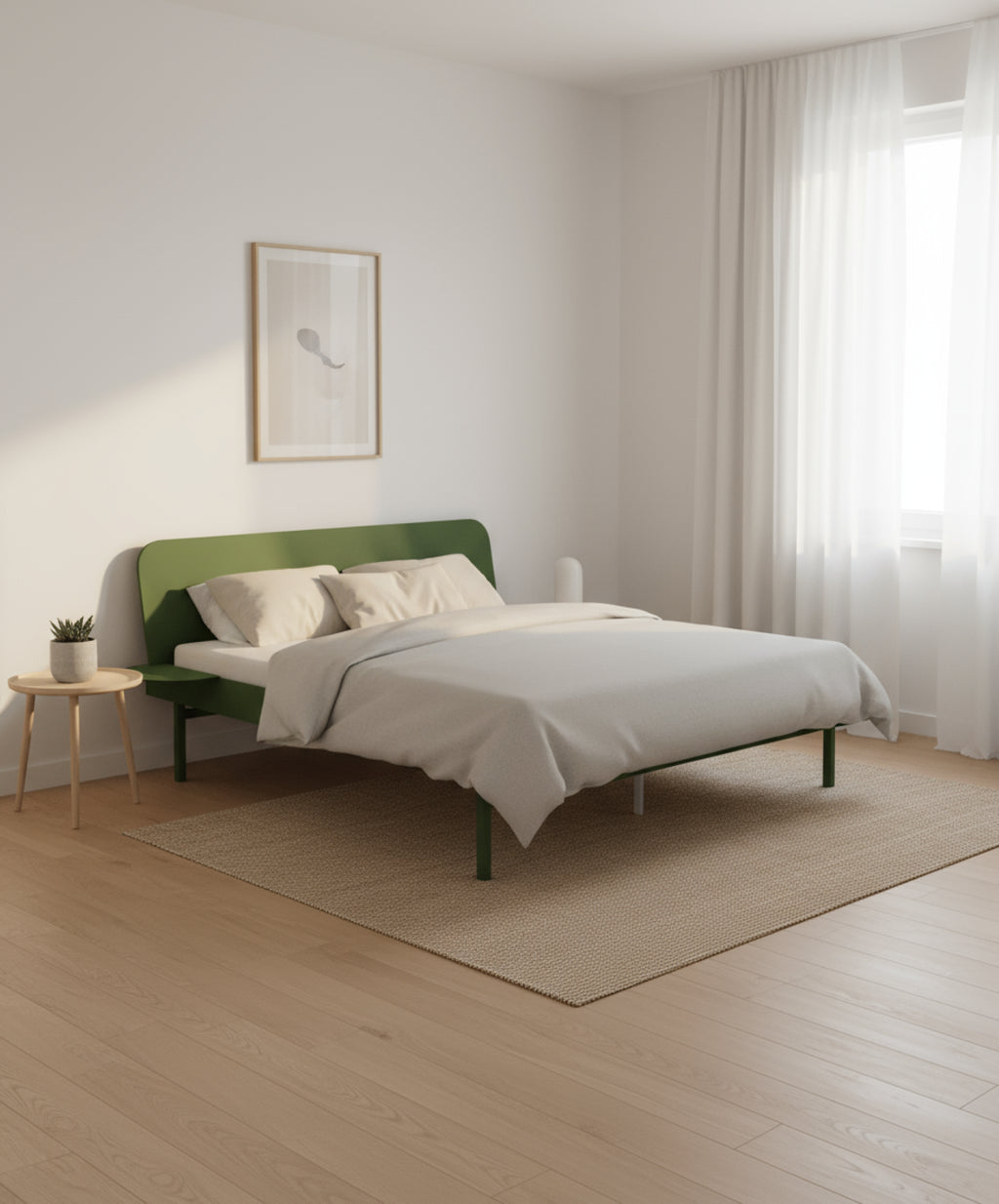 Moebe Bed, Tall Legs, 180 Cm, Slats, 1x Side Table, Pine Green