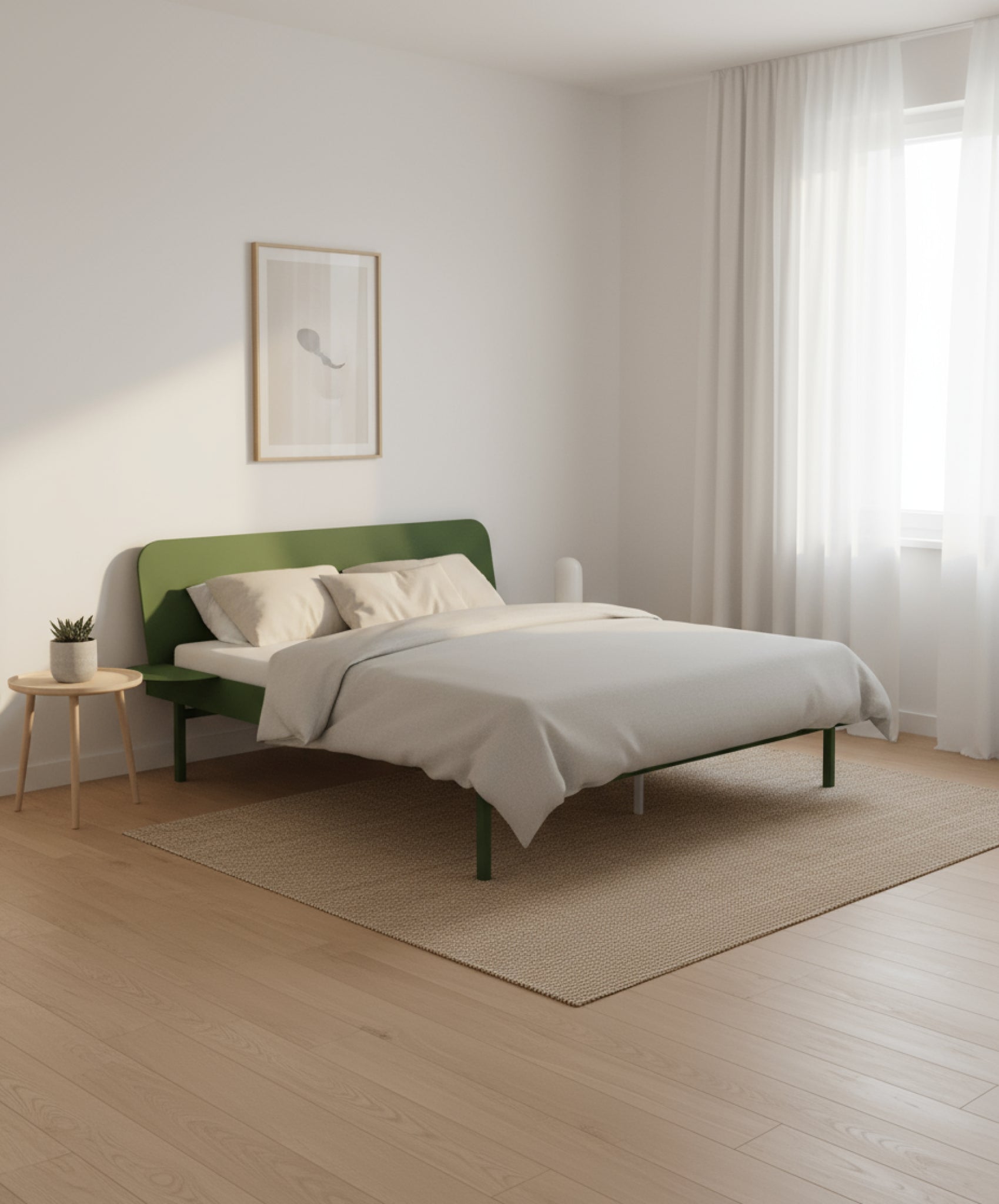 Moebe Bed, Tall Legs, 180 Cm, Slats, 1x Side Table, Pine Green