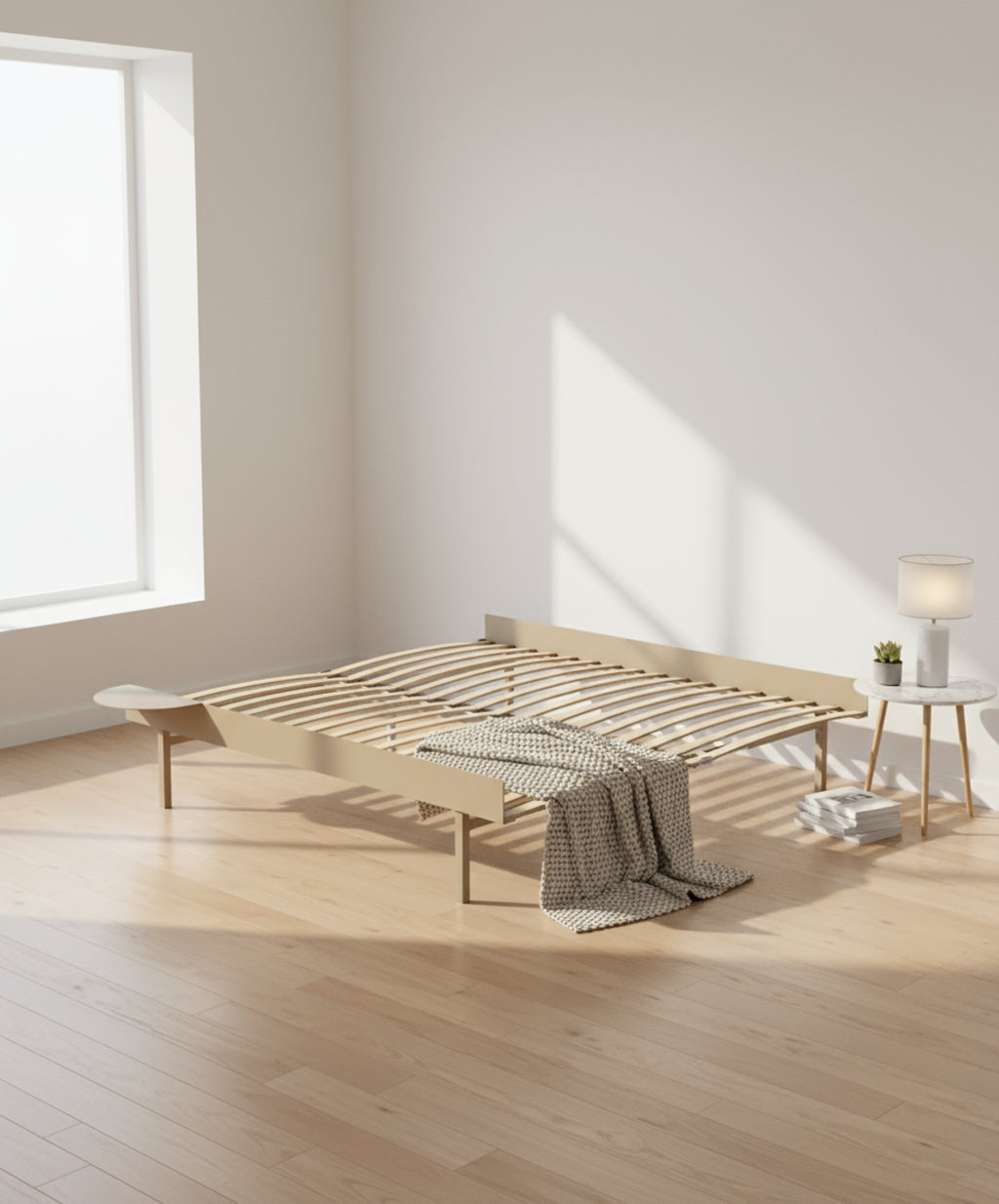 Moebe Bed, Tall Legs, 180 Cm, Slats, 1x Side Table, Sand