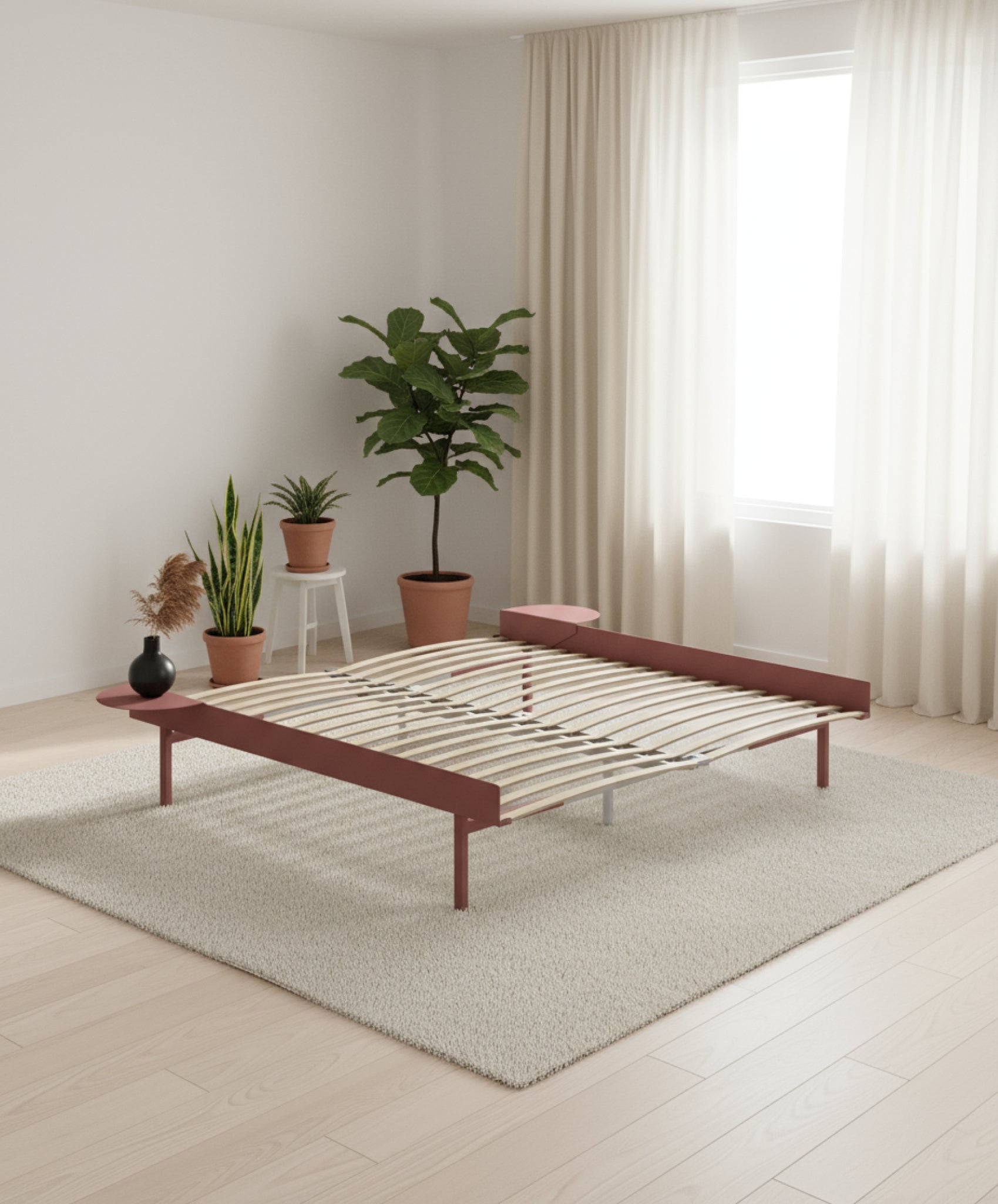 Moebe Bed, Tall Legs, 180 Cm, Slats, 2x Side Table, Dusty Rose