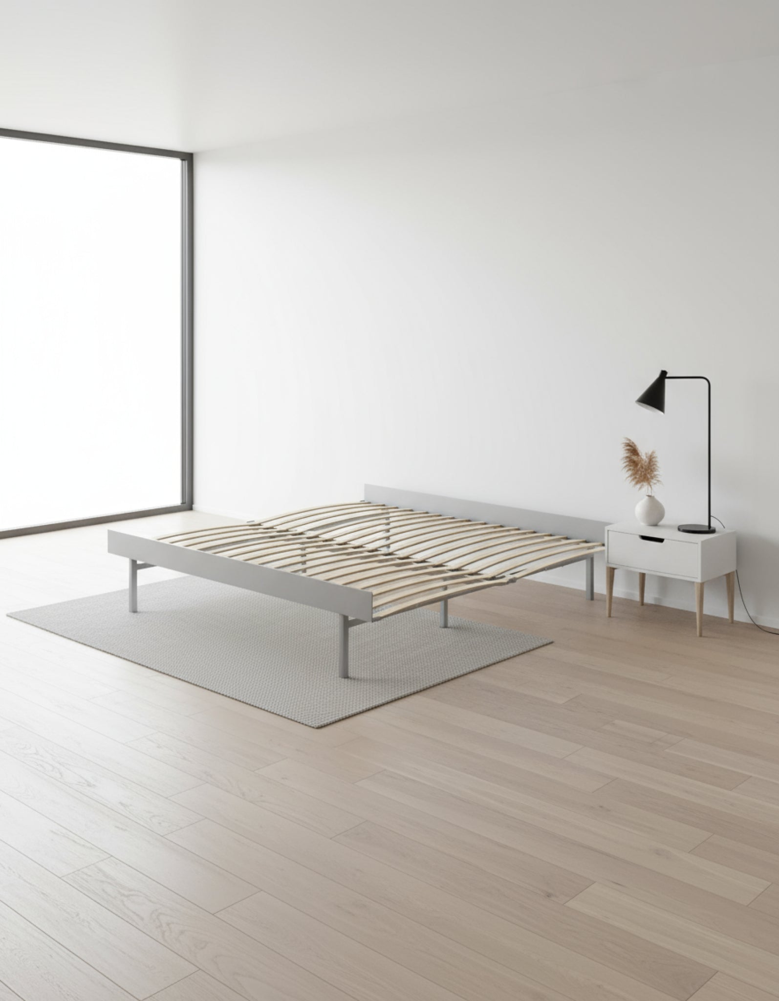 Moebe Bed, Tall Legs, 180 Cm, Slats, Stainless Steel
