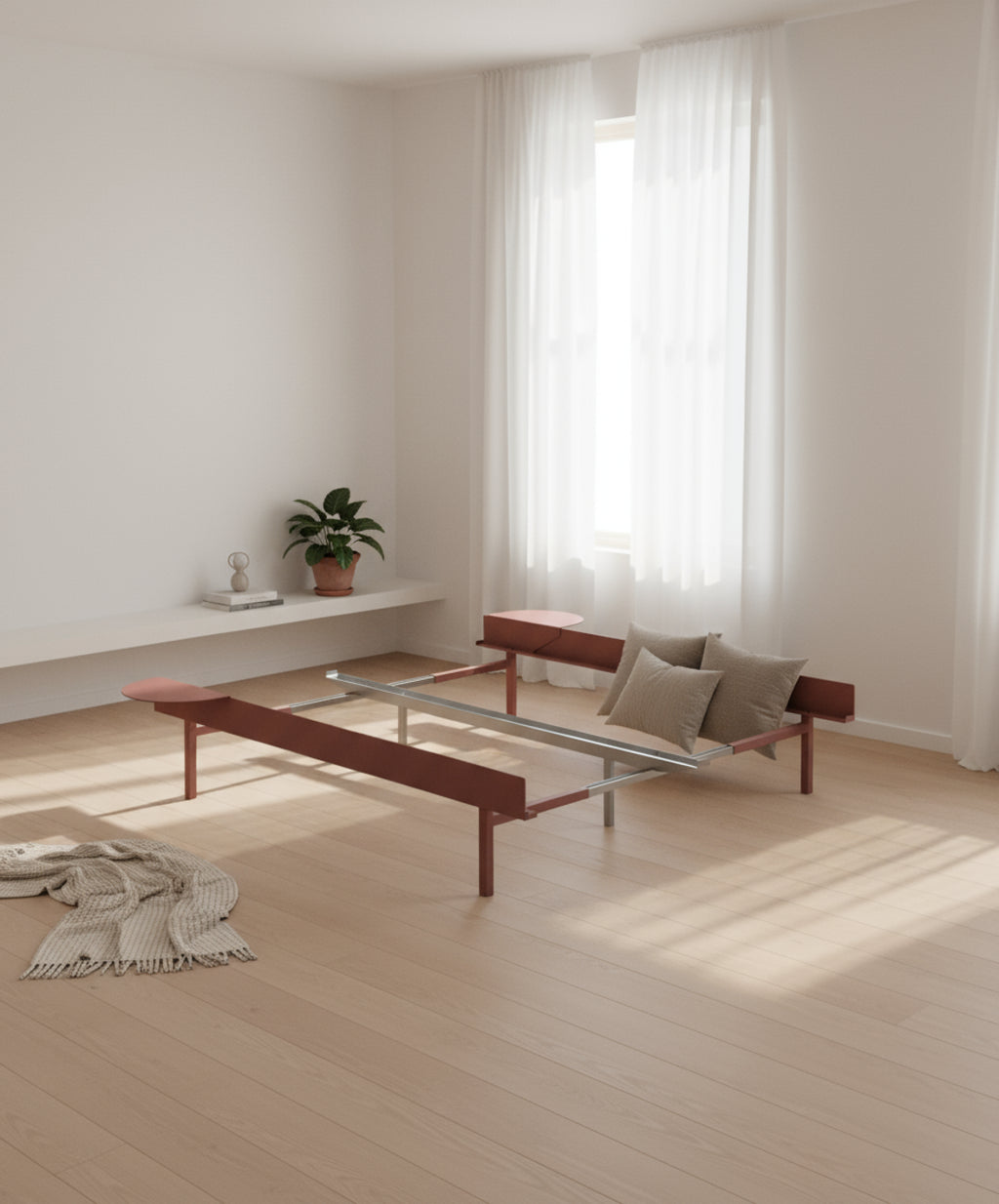 Moebe Bed, Tall Legs, 90-180 Cm, 1x Side Table, Dusty Rose