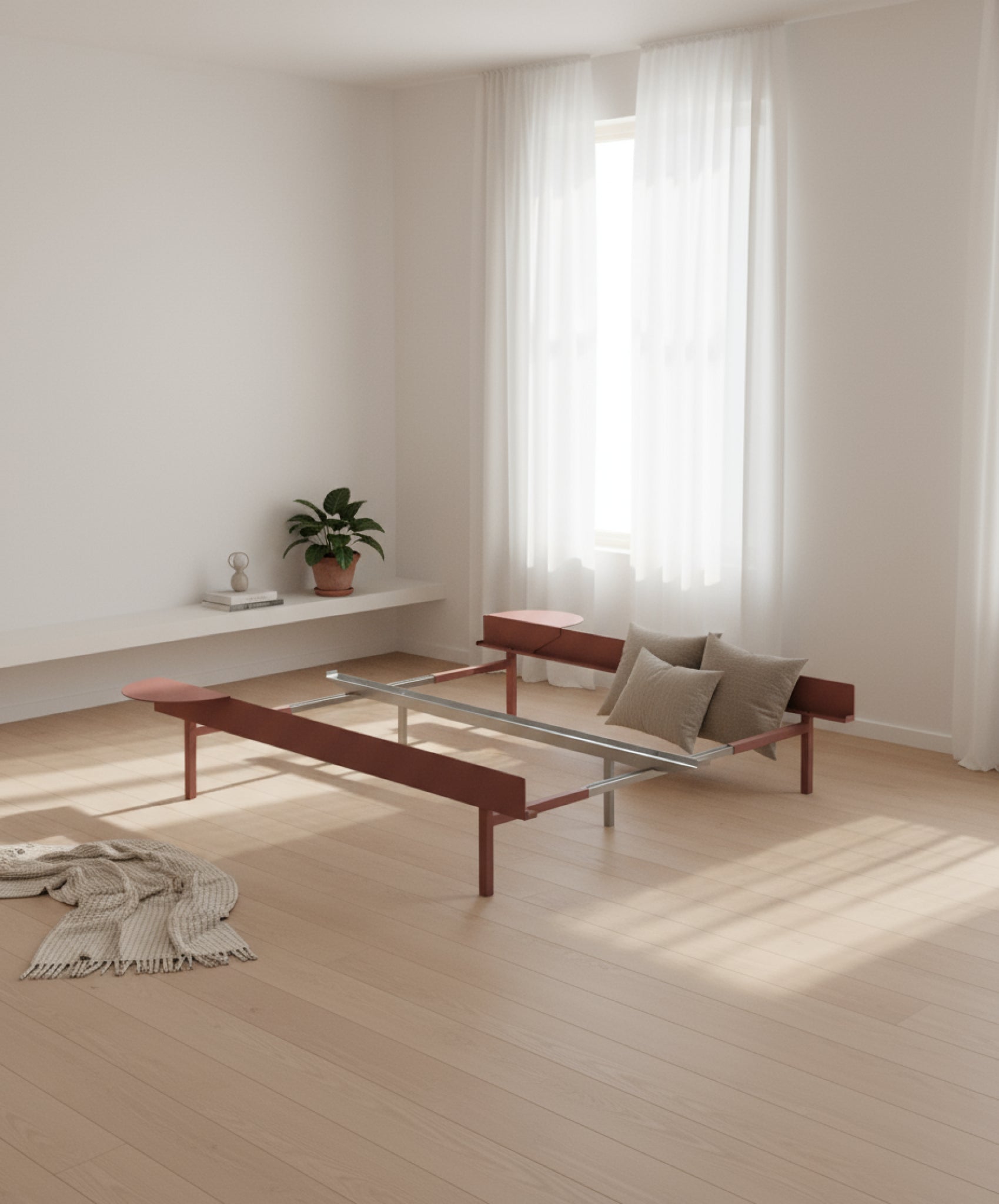 Moebe Bed, Tall Legs, 90-180 Cm, 1x Side Table, Dusty Rose