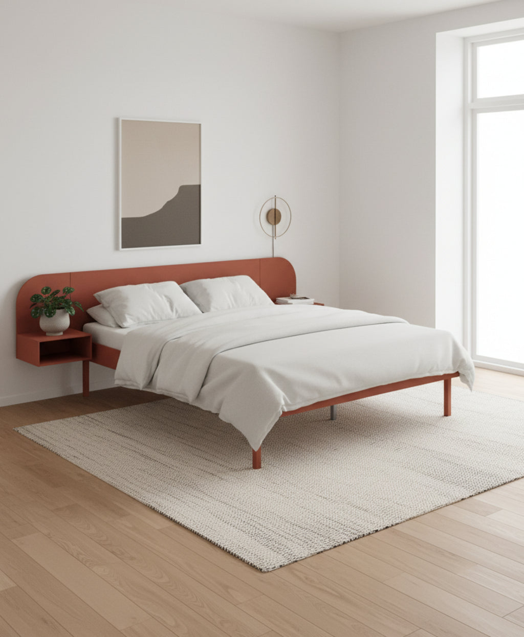 Moebe Bed, Tall Legs, 90-180 Cm, 2x Side Table, Terracotta