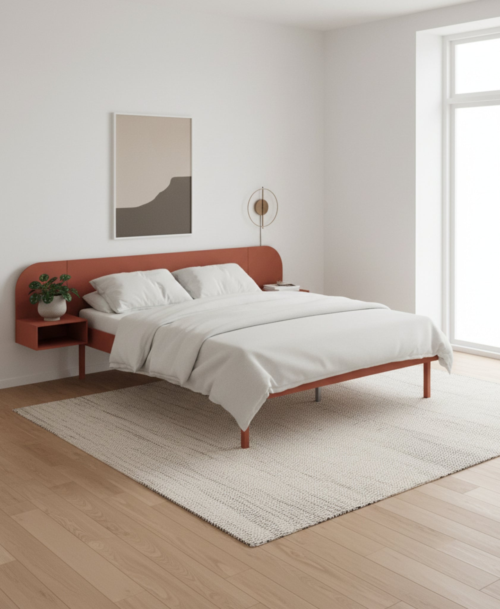 Moebe Bed, Tall Legs, 90-180 Cm, 2x Side Table, Terracotta