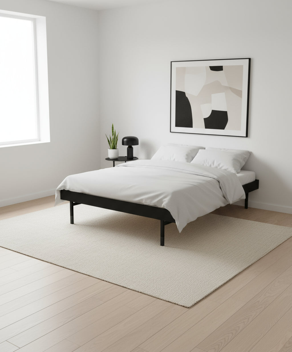 Moebe Bed, Tall Legs, 90 Cm, Slats, 1x Side Table, Black