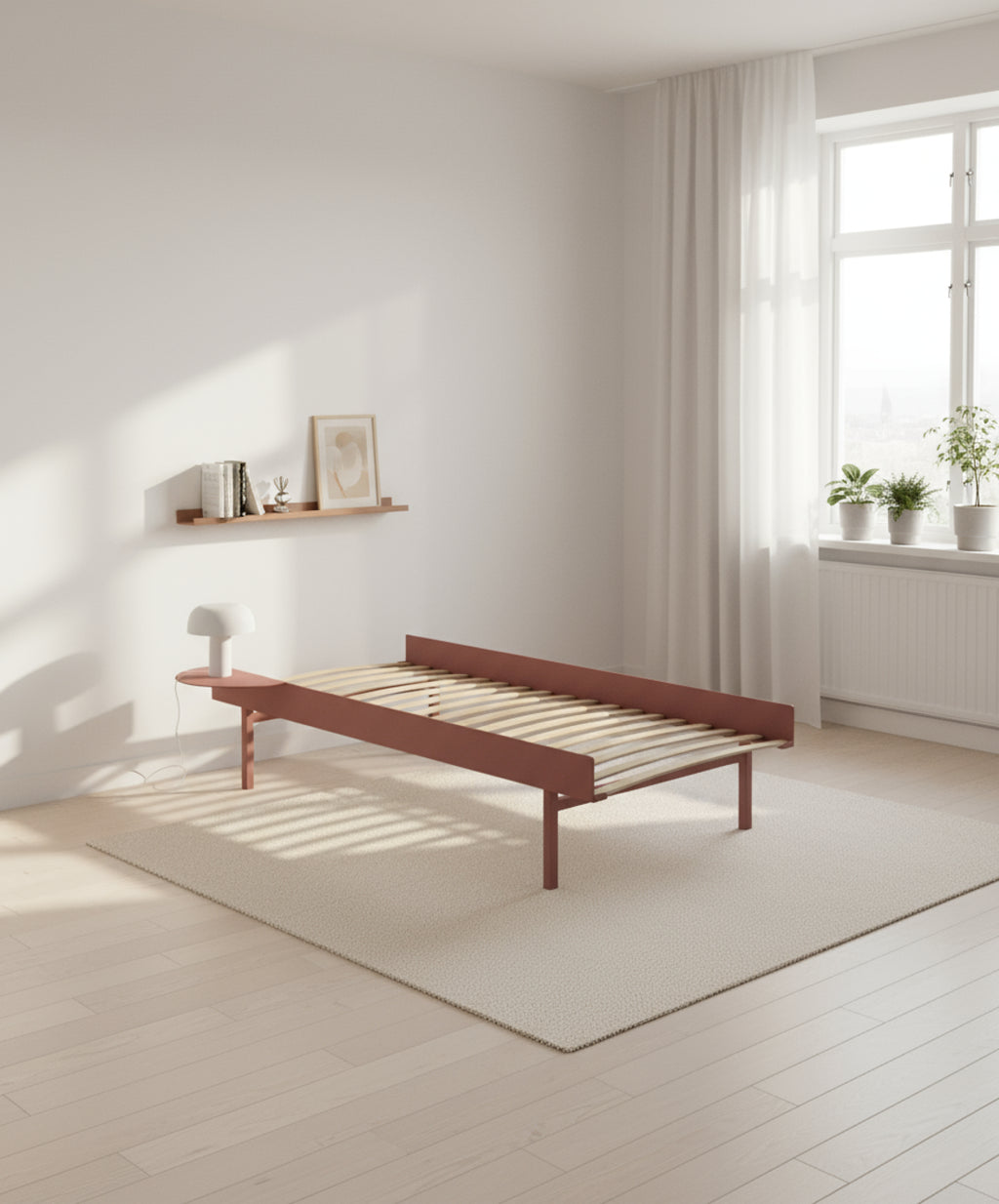 Moebe Bed, Tall Legs, 90 Cm, Slats, 1x Side Table, Dusty Rose