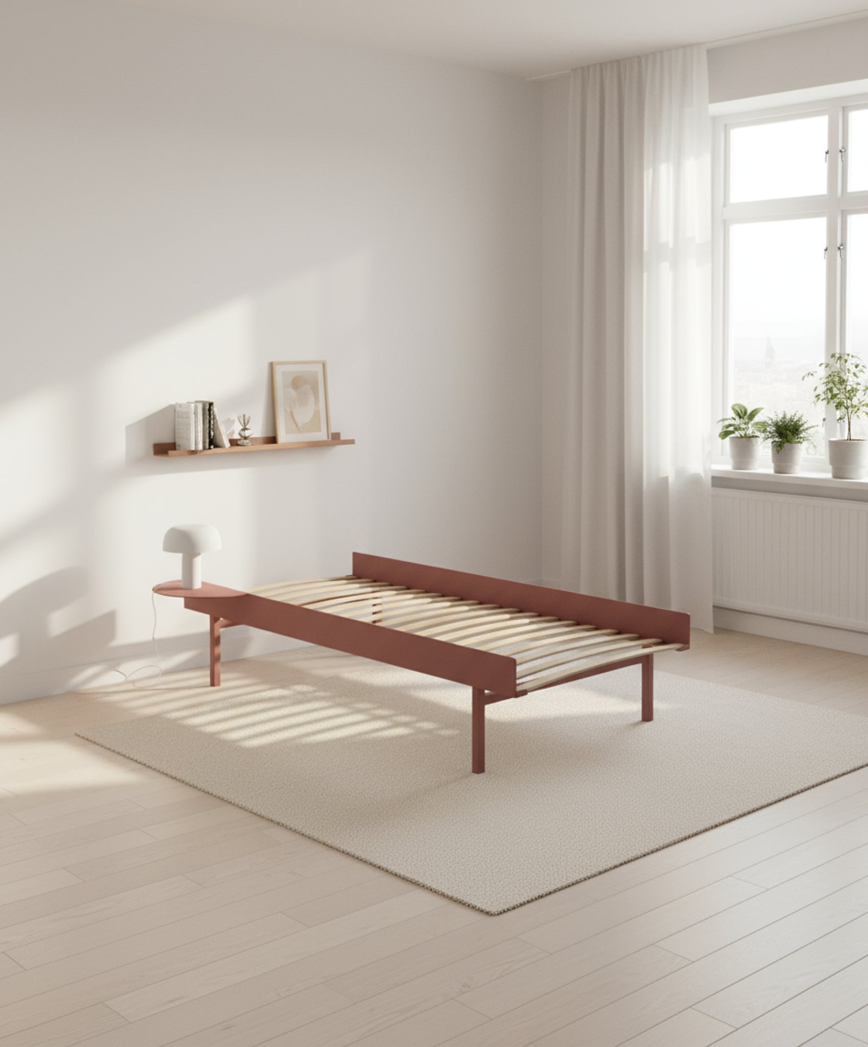 Moebe Bed, Tall Legs, 90 Cm, Slats, 1x Side Table, Dusty Rose