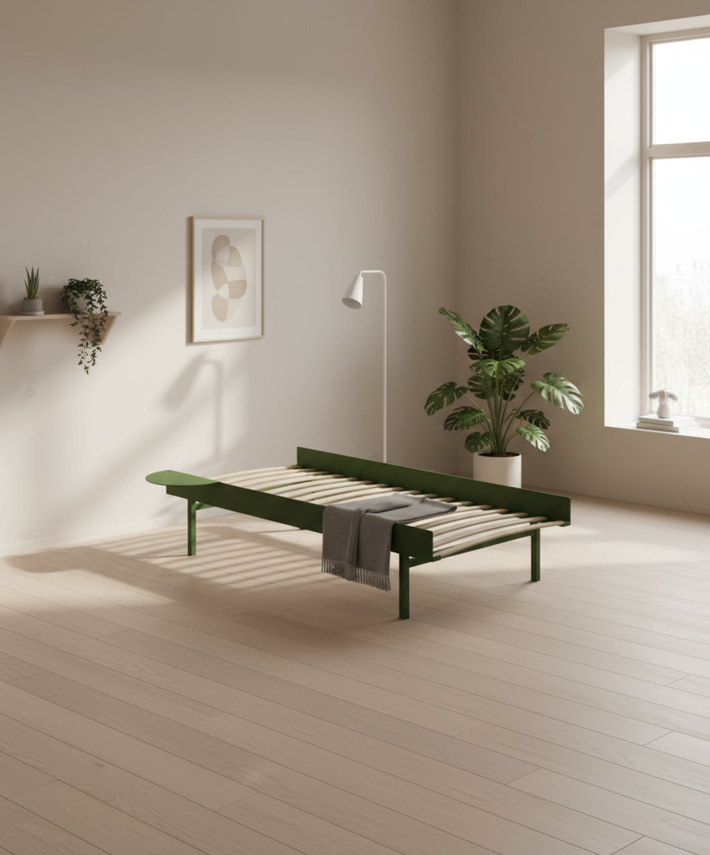 Moebe Bed, Tall Legs, 90 Cm, Slats, 1x Side Table, Sand