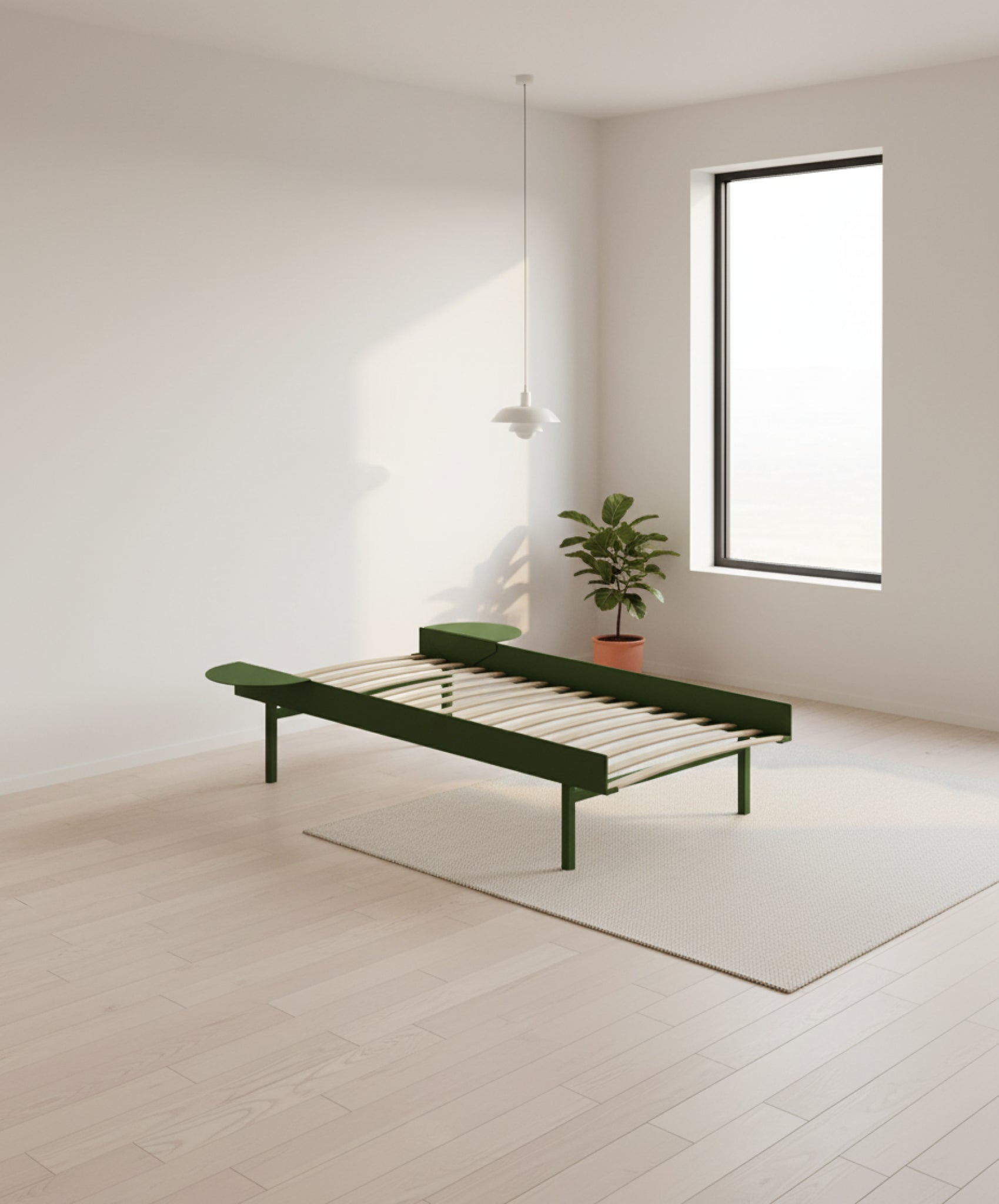 Moebe Bed, Tall Legs, 90 Cm, Slats, 2x Side Table, Pine Green