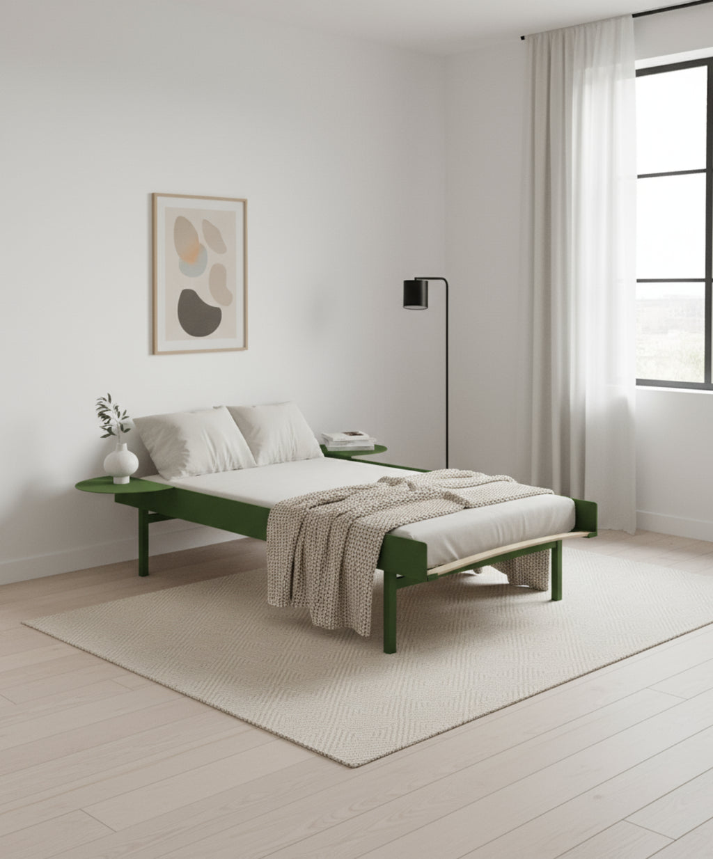 Moebe Bed, Tall Legs, 90 Cm, Slats, 2x Side Table, Sand