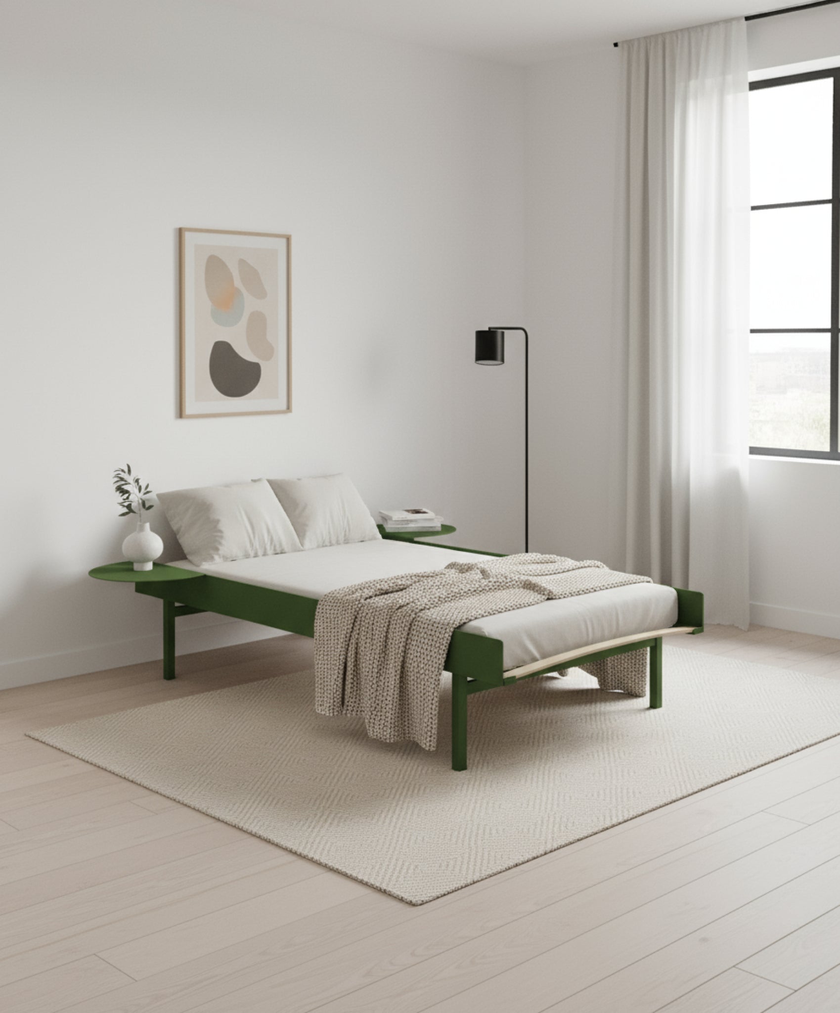 Moebe Bed, Tall Legs, 90 Cm, Slats, 2x Side Table, Sand