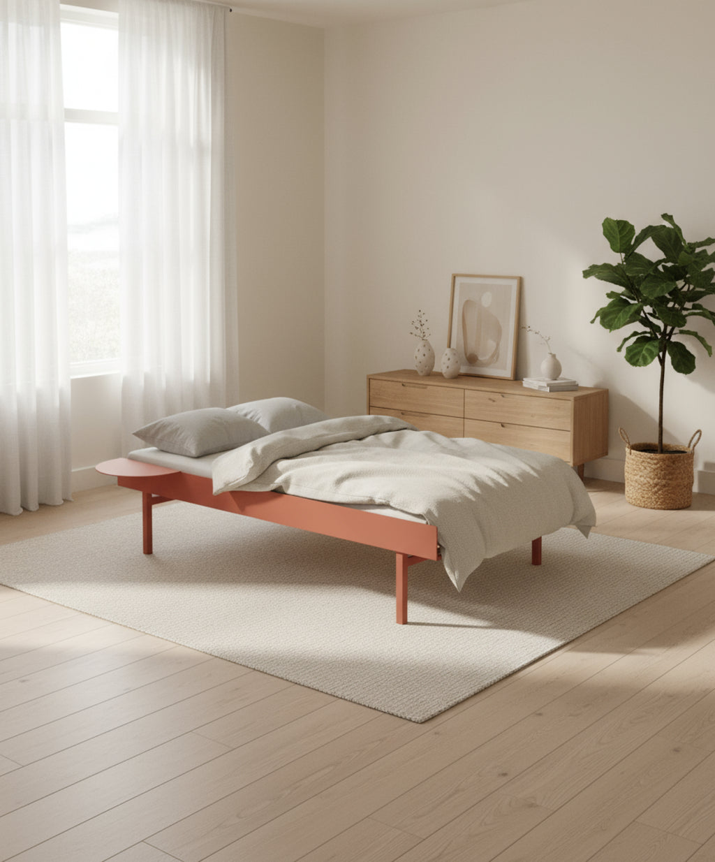 Moebe Bed, Tall Legs, 90 Cm, Slats, 2x Side Table, Terracotta