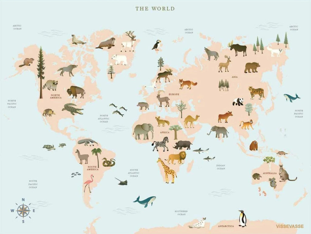 Vissevasse World Map Animal Poster, 30 X40 Cm