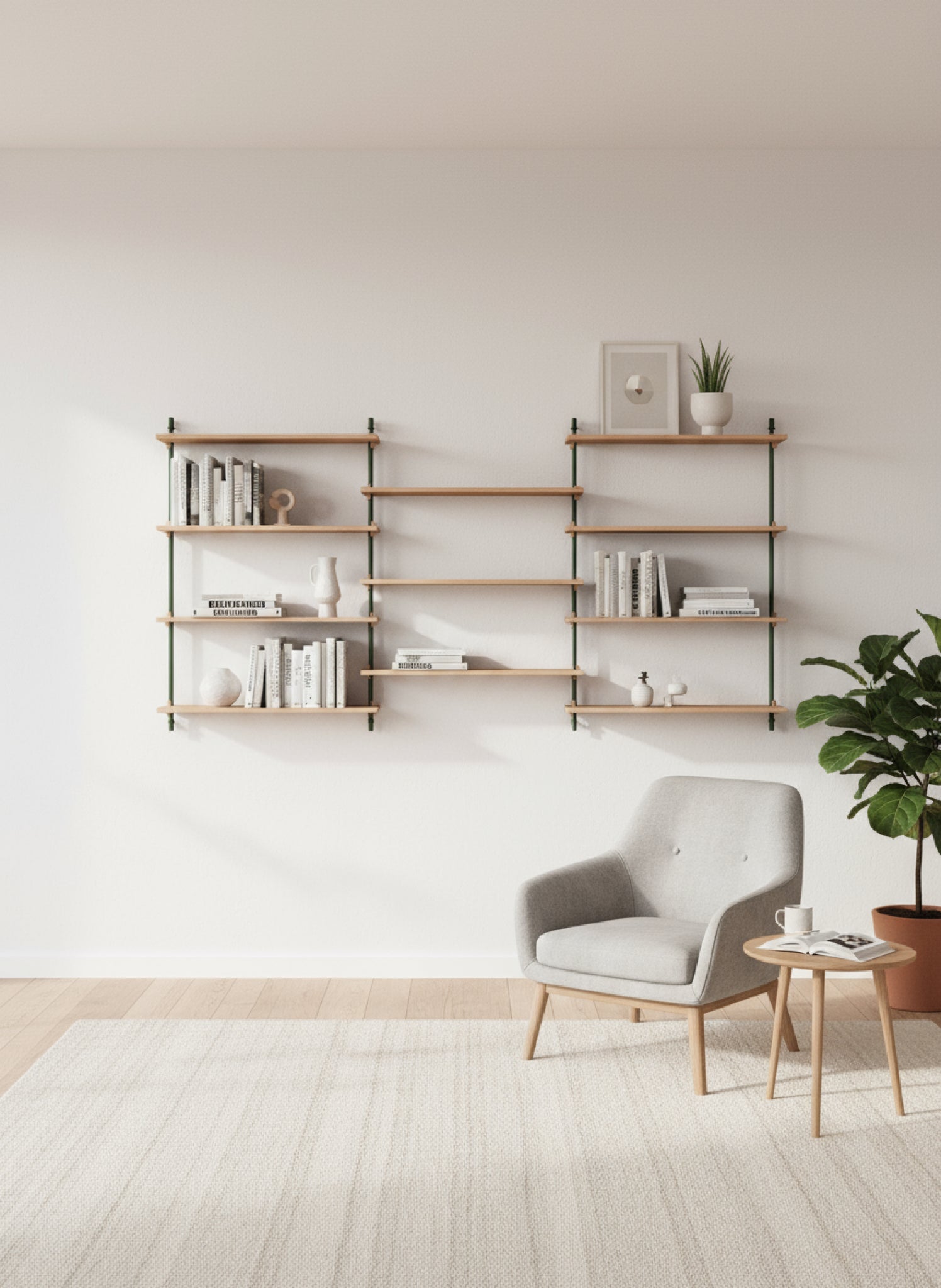 Moebe Wall Shelving Set Ws.115.3, Oak Shelves, Pine Green Legs (fsc Mix Credit)