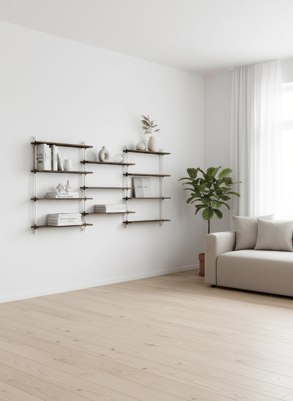 Moebe Wall Shelving Set Ws.115.3, Smoked Oak Shelves, White Legs (fsc Mix Credit)