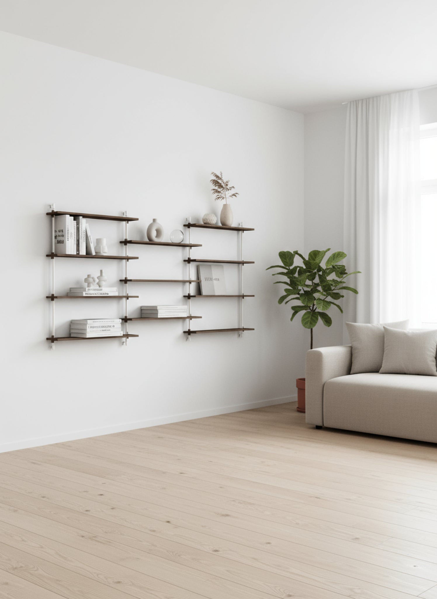 Moebe Wall Shelving Set Ws.115.3, Smoked Oak Shelves, White Legs (fsc Mix Credit)