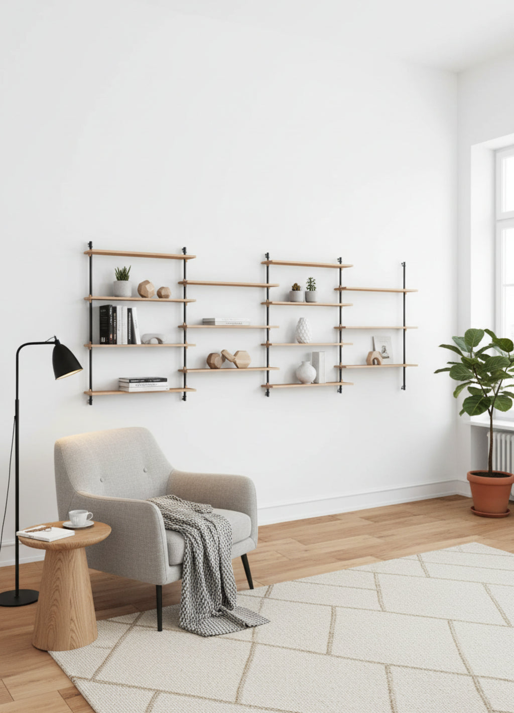 Moebe Wall Shelving Set Ws.115.4, Oak Shelves, Black Legs (fsc Mix Credit)