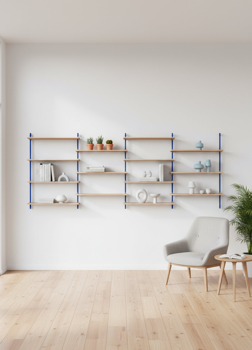 Moebe Wall Shelving Set Ws.115.4, Oak Shelves, Deep Blue Legs (fsc Mix Credit)