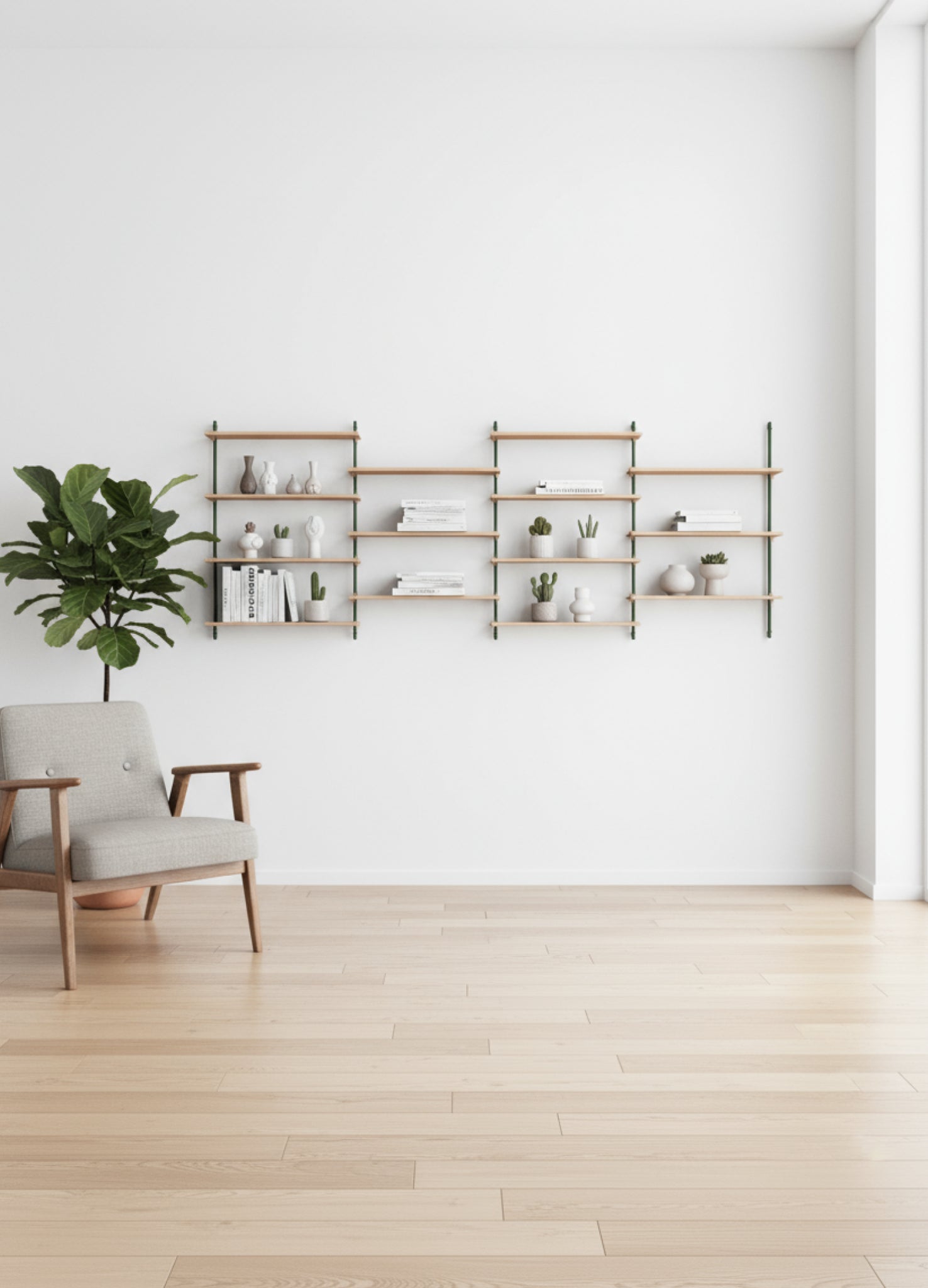 Moebe Wall Shelving Set Ws.115.4, Oak Shelves, Pine Green Legs (fsc Mix Credit)