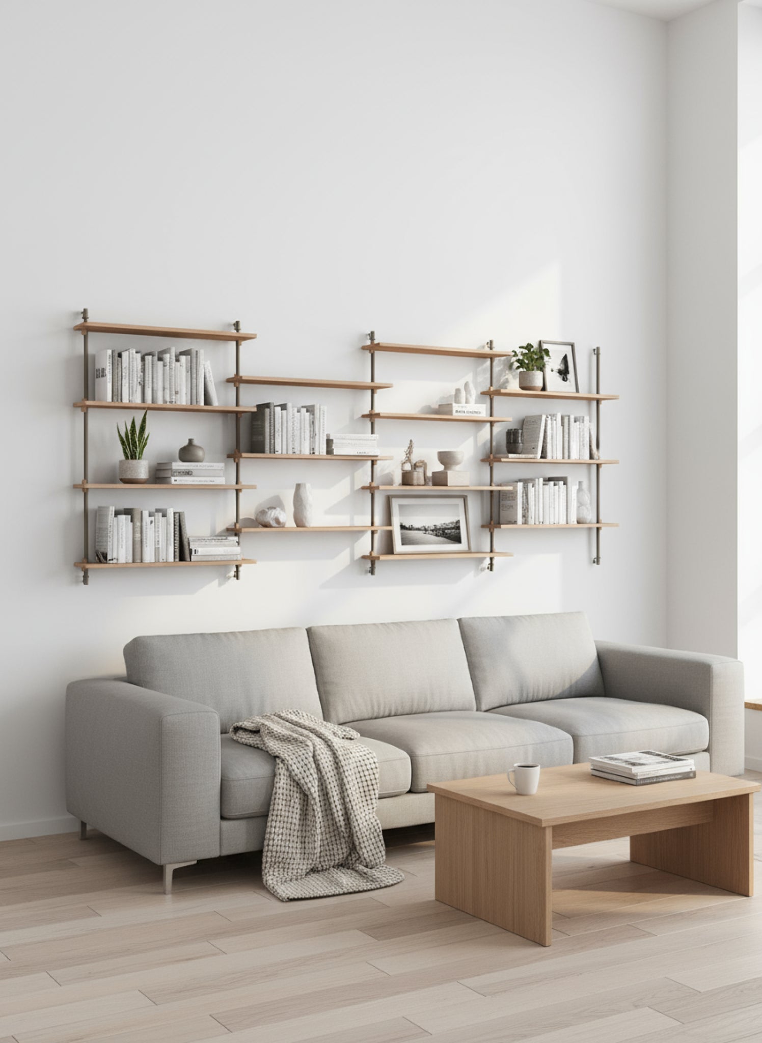 Moebe Wall Shelving Set Ws.115.4, Oak Shelves, Warm Grey Legs (fsc Mix Credit)