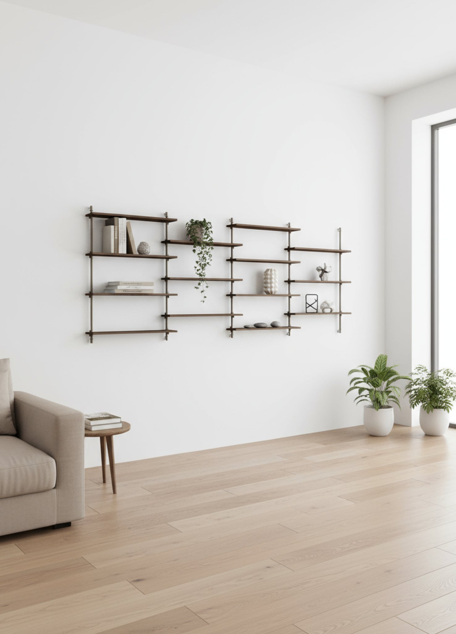 Moebe Wall Shelving Set Ws.115.4, Smoked Oak Shelves, Warm Grey Legs (fsc Mix Credit)