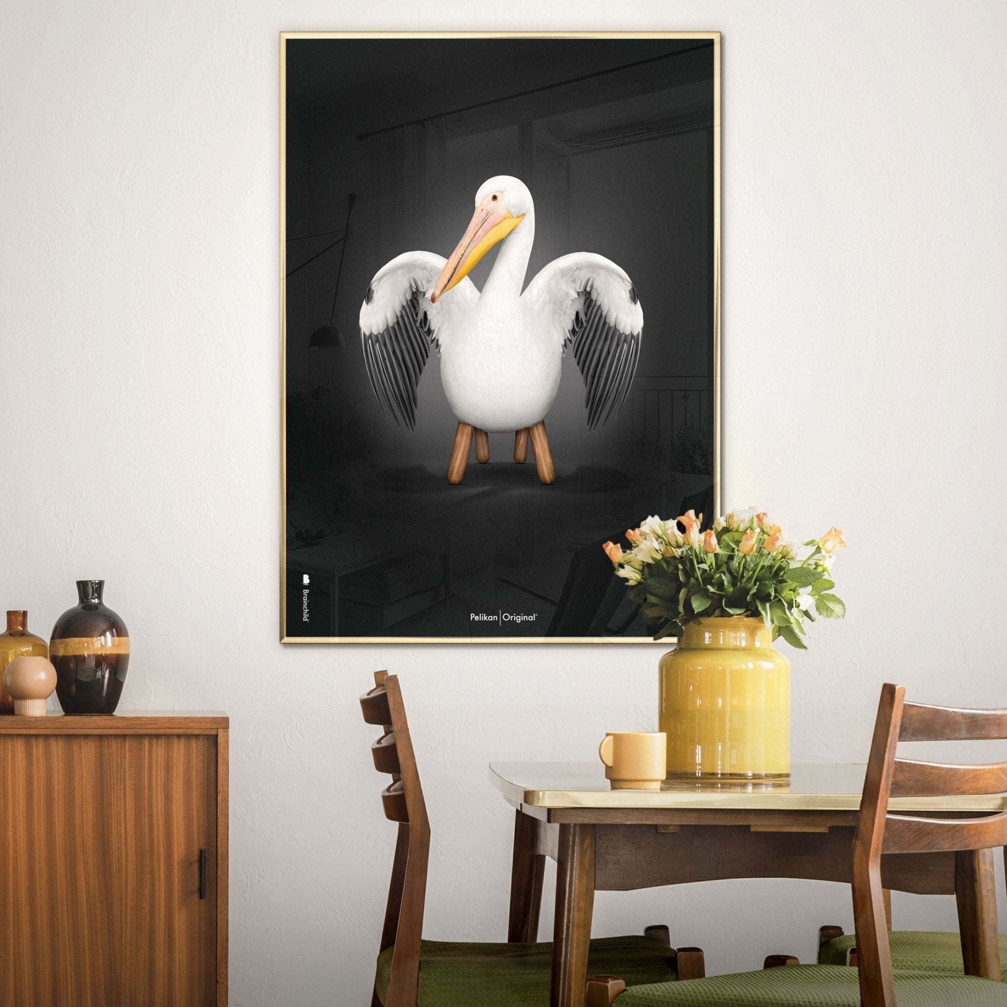 Brainchild Pelikan Classic poster, brass frame 50x70 cm, black background