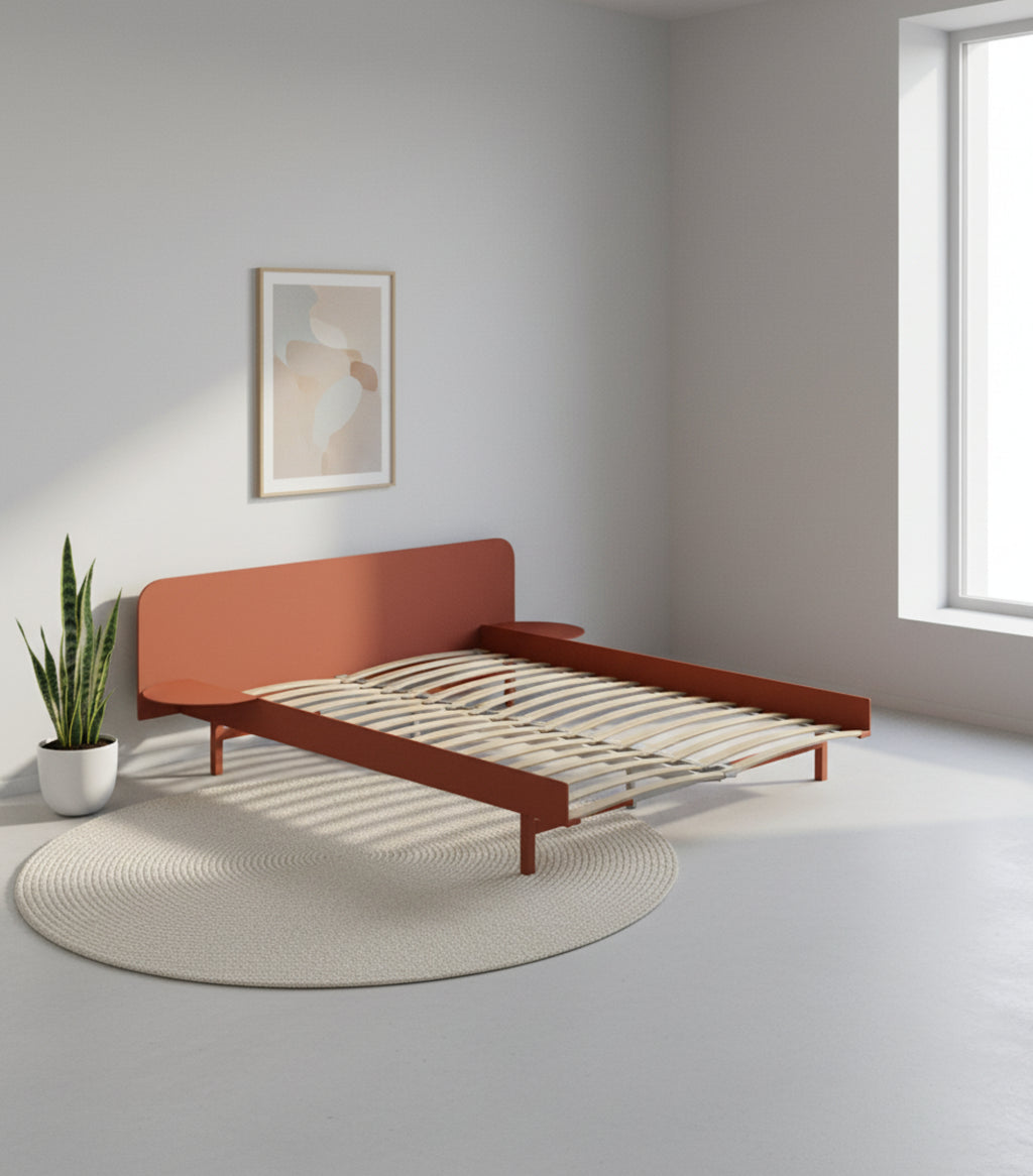 Moebe Bed, 150 Cm, Slats, 1x Side Table, Terracotta