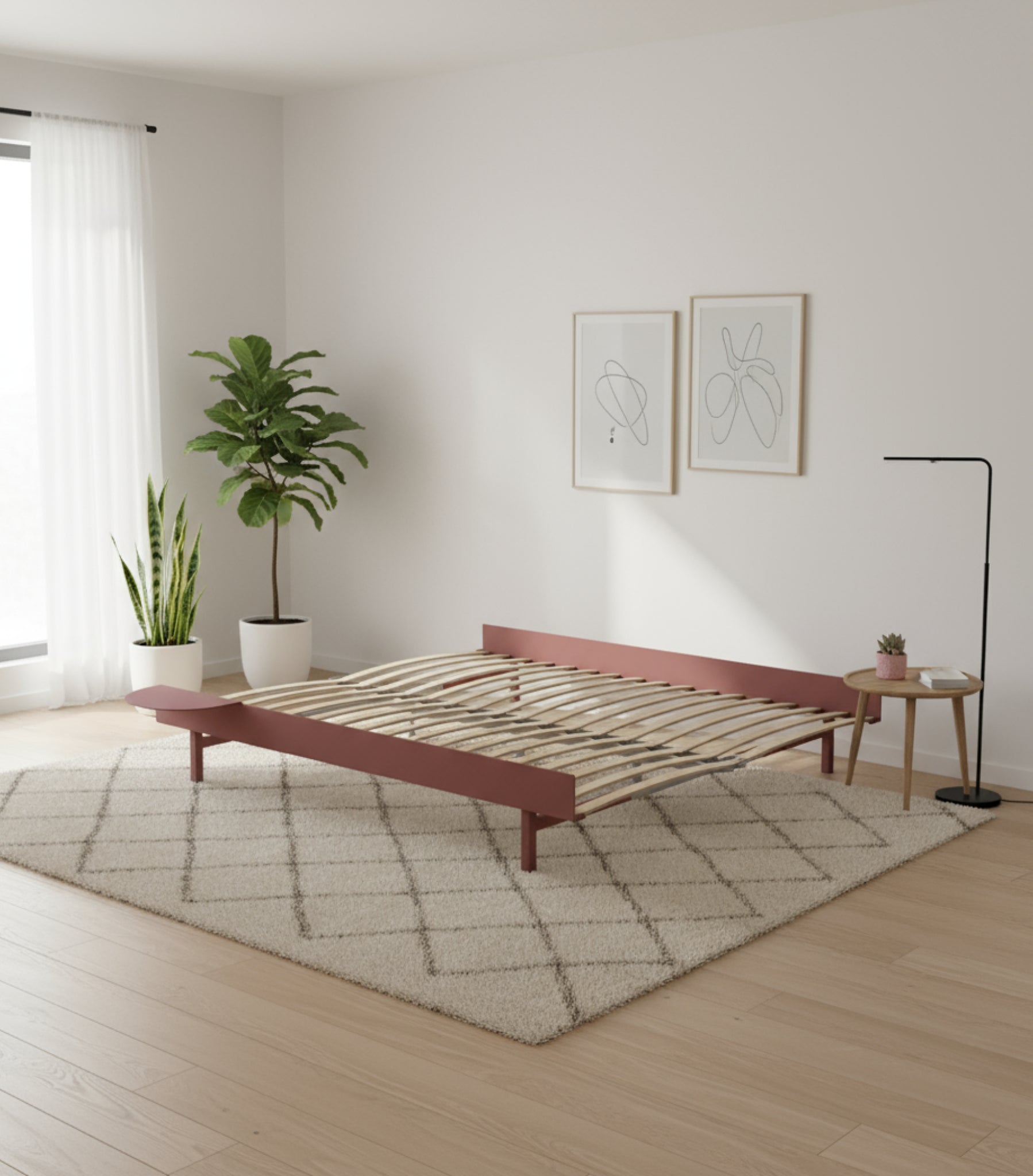 Moebe Bed, 160 Cm, Slats, 1x Side Table, Dusty Rose