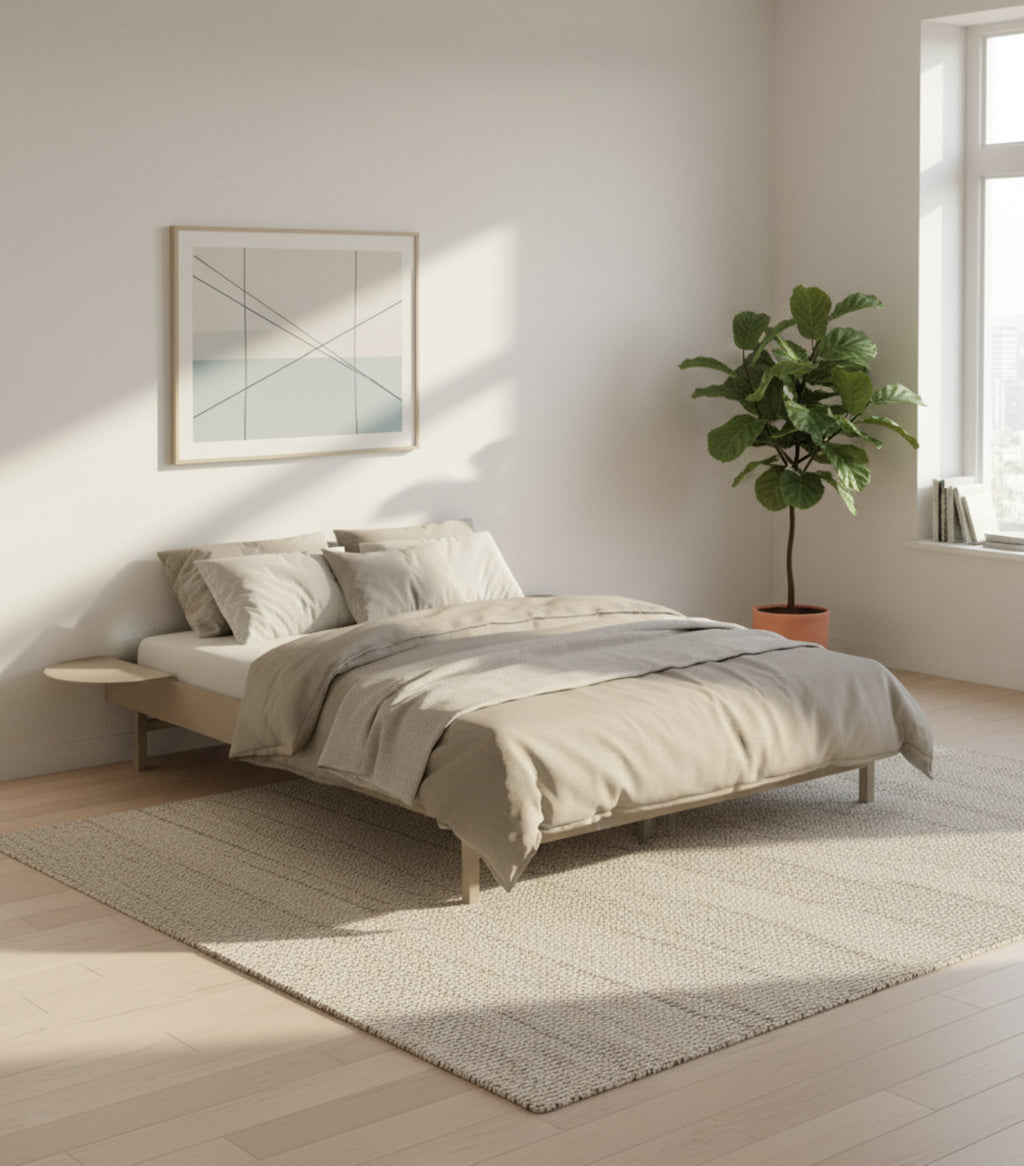 Minimalist Moebe Bed with Slats & Bedside Tables, 160 cm Sand Finish