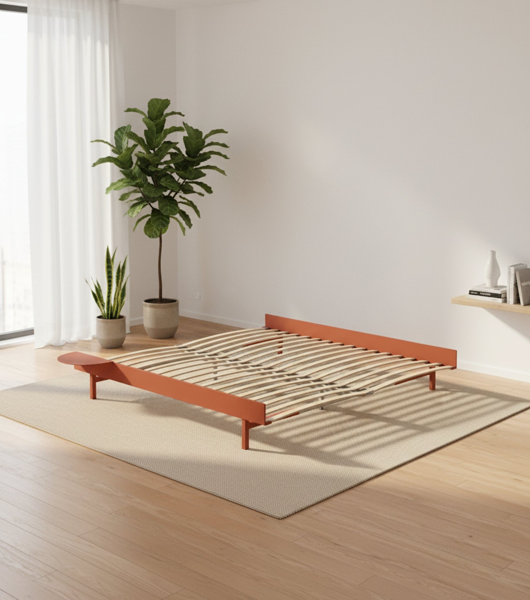 Moebe Bed, 180 Cm, Slats, 1x Side Table, Terracotta