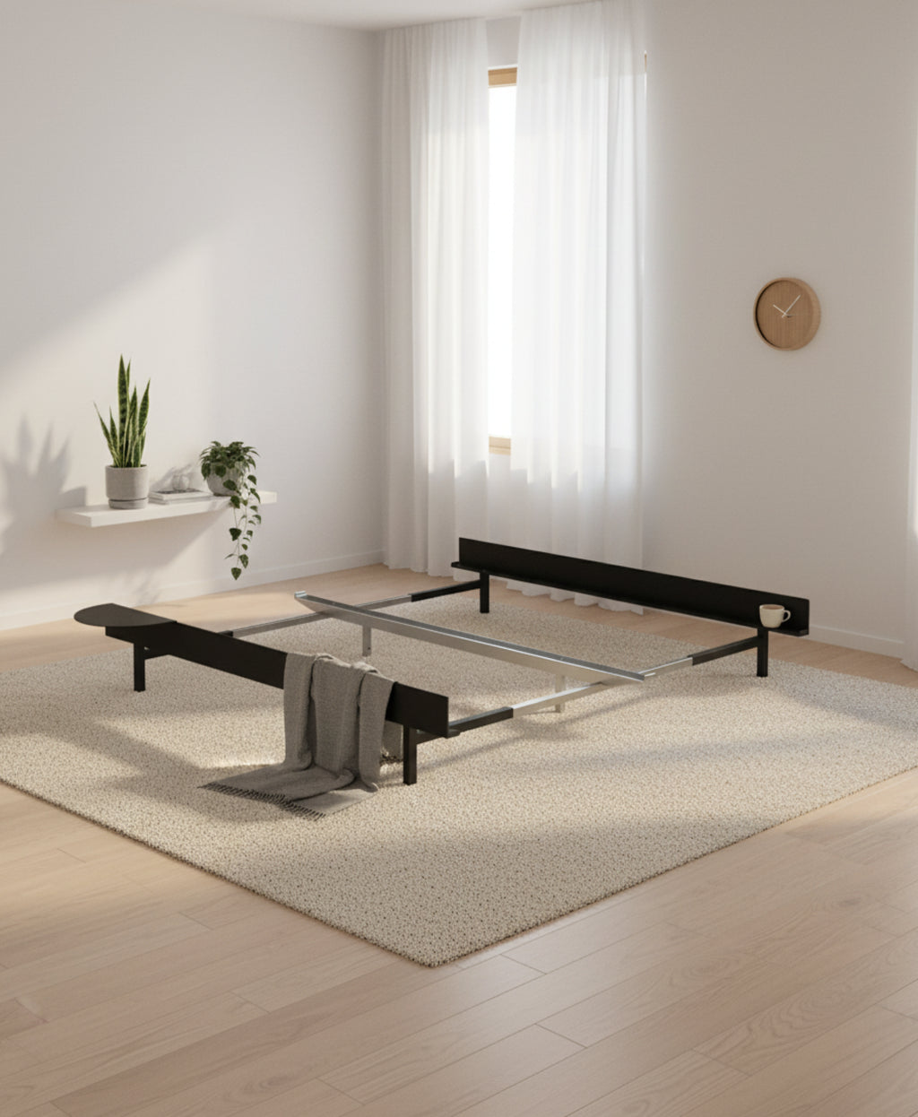 Minimalist Moebe Bed with Bedside Table, Adjustable 90-180 cm, Black