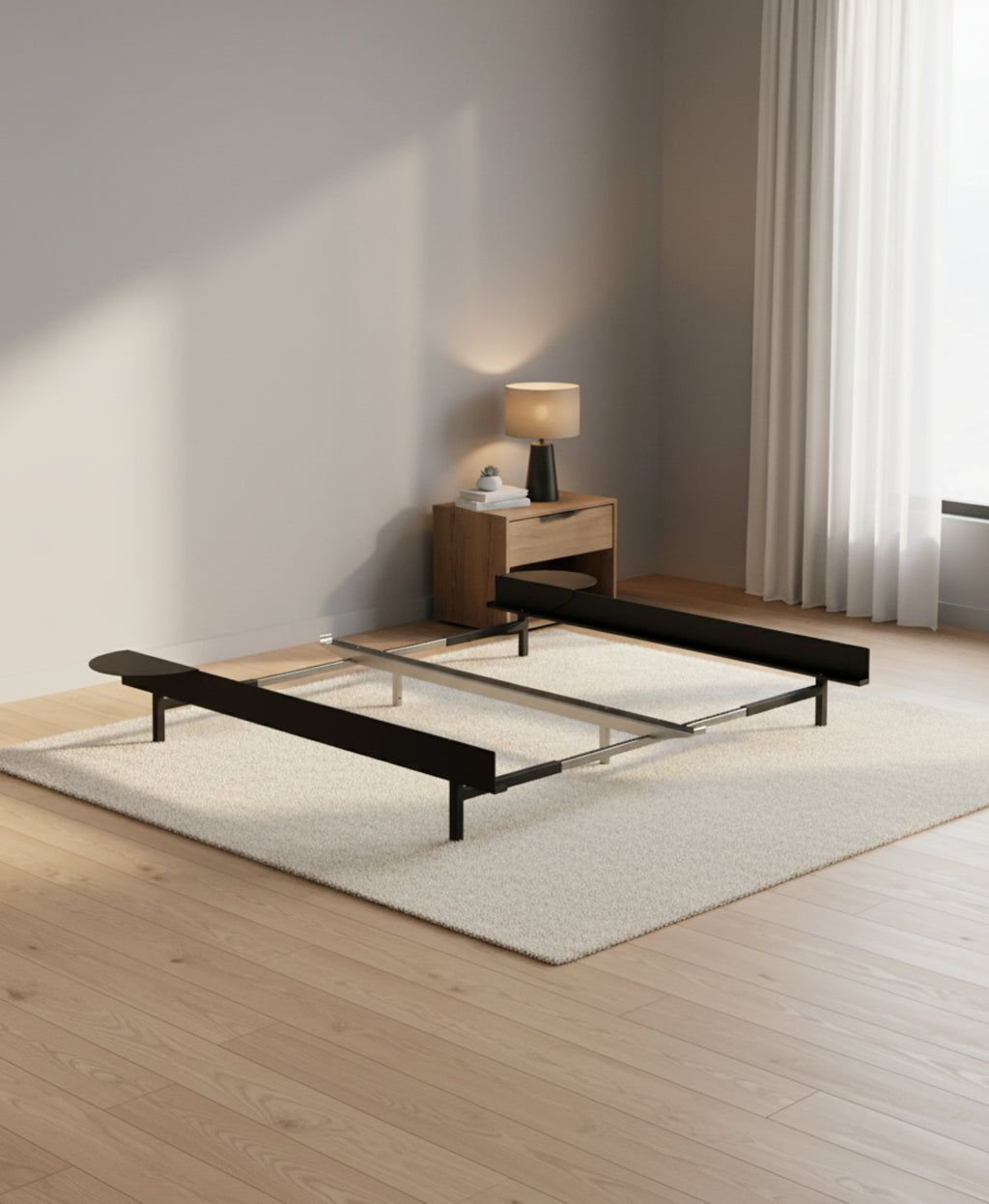 Minimalist Moebe Bed with 2 Black Bedside Tables, Adjustable 90-180 cm