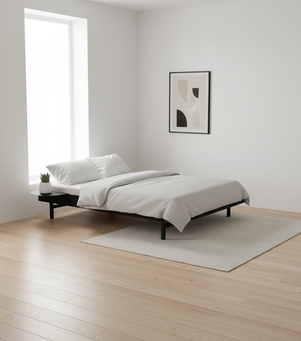 Minimalist Moebe Bed with Bedside Table - Black Steel Frame, 90 cm