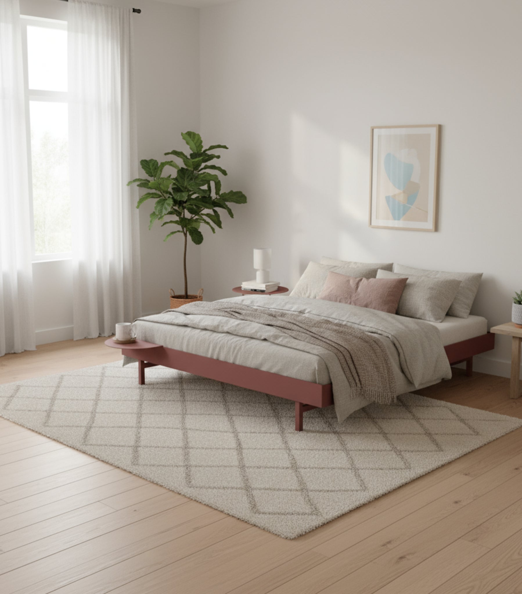 Minimalist Moebe Bed 90 cm with Bedside Table in Dusty Rose Steel Frame