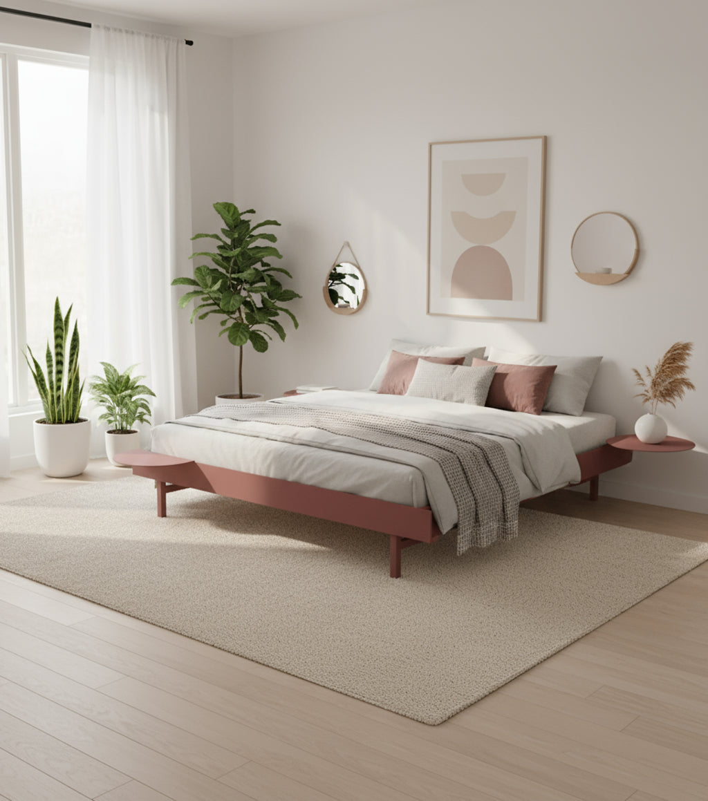 Minimalist Moebe Bed & 2 Dusty Rose Bedside Tables - Modern Steel Design