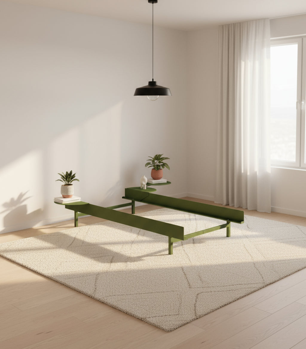 Minimalist Pine Green Moebe Bed & Bedside Tables Set - Steel Frame 90cm