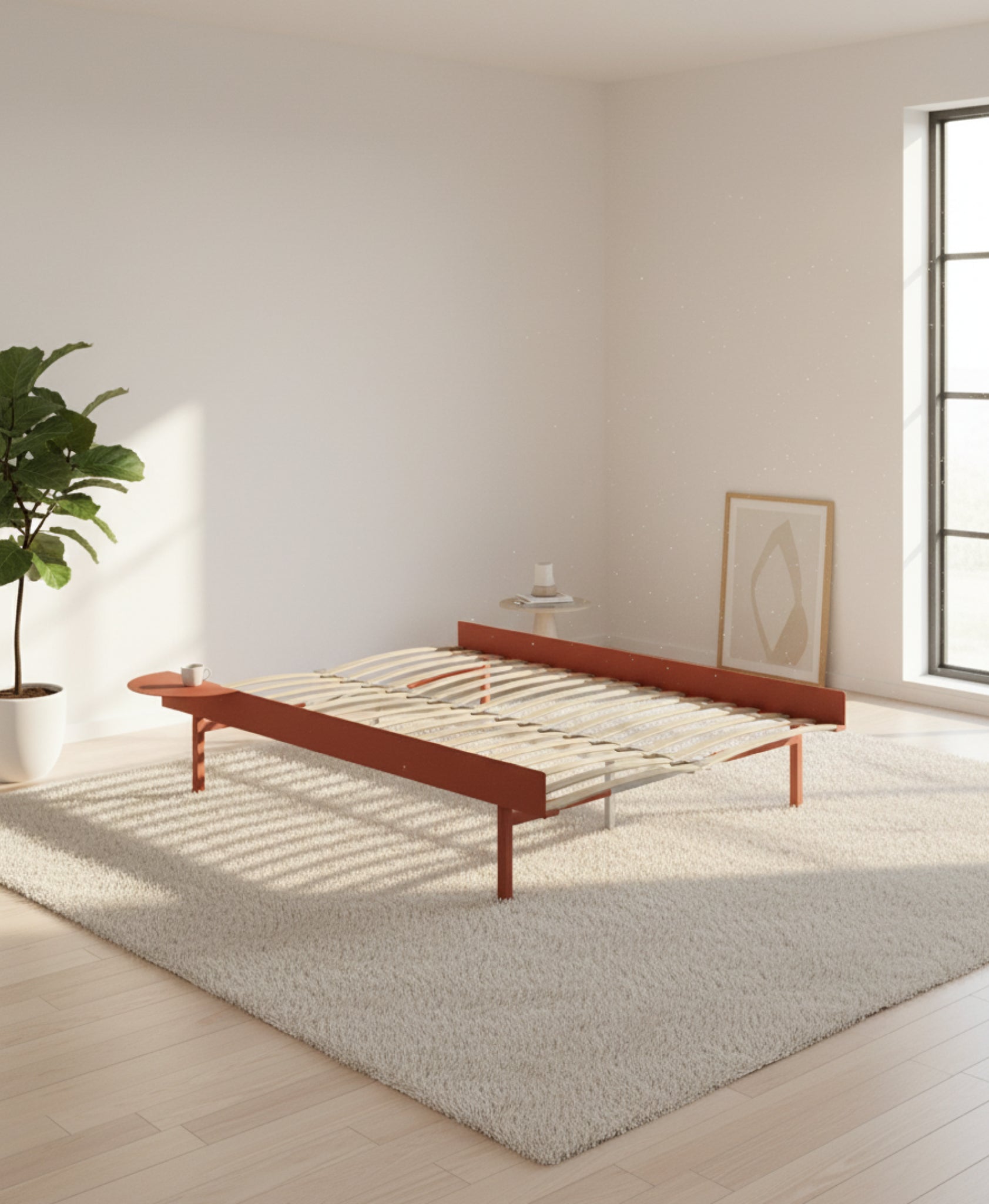 Moebe Bed, Tall Legs, 140 Cm, Slats, 1x Side Table, Terracotta
