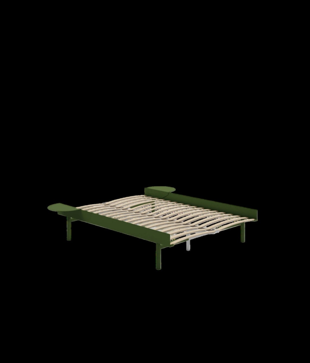 Moebe Bed, Tall Legs, 140 Cm, Slats, 2x Side Table, Pine Green