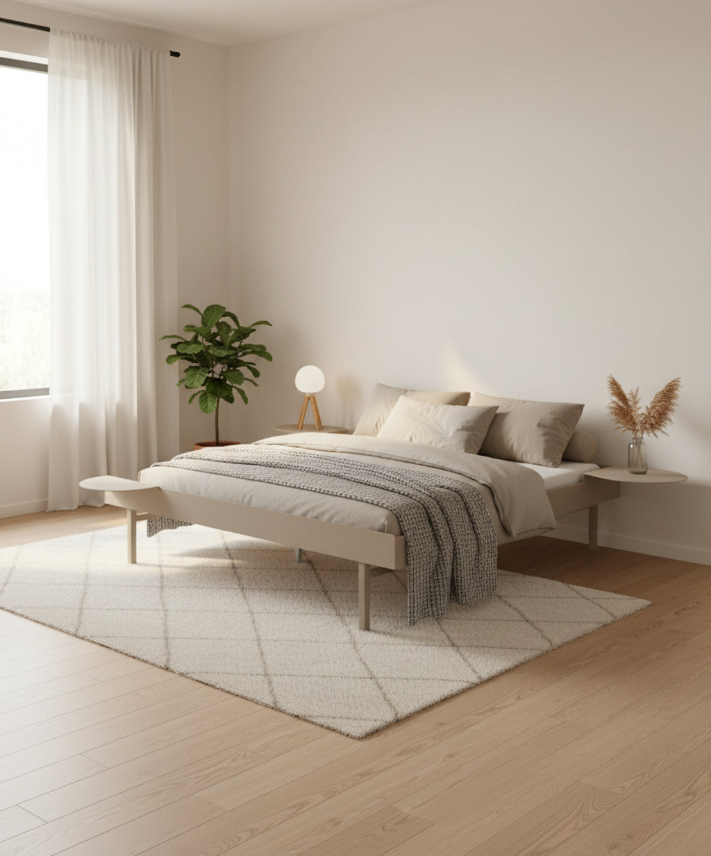 Moebe Bed, Tall Legs, 150 Cm, Slats, 2x Side Table, Sand
