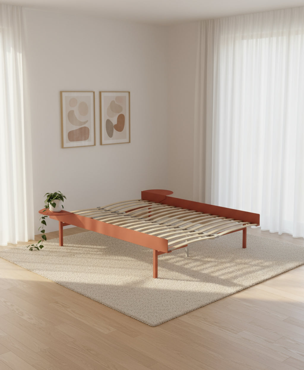 Moebe Bed, Tall Legs, 150 Cm, Slats, 2x Side Table, Terracotta