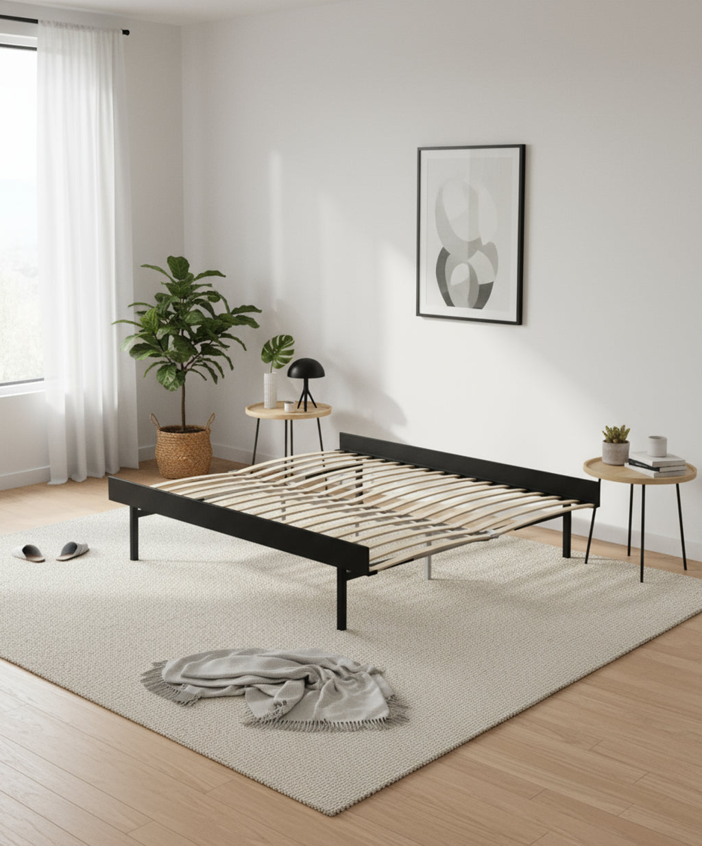 Moebe Bed, Tall Legs, 160 Cm, Slats, Black
