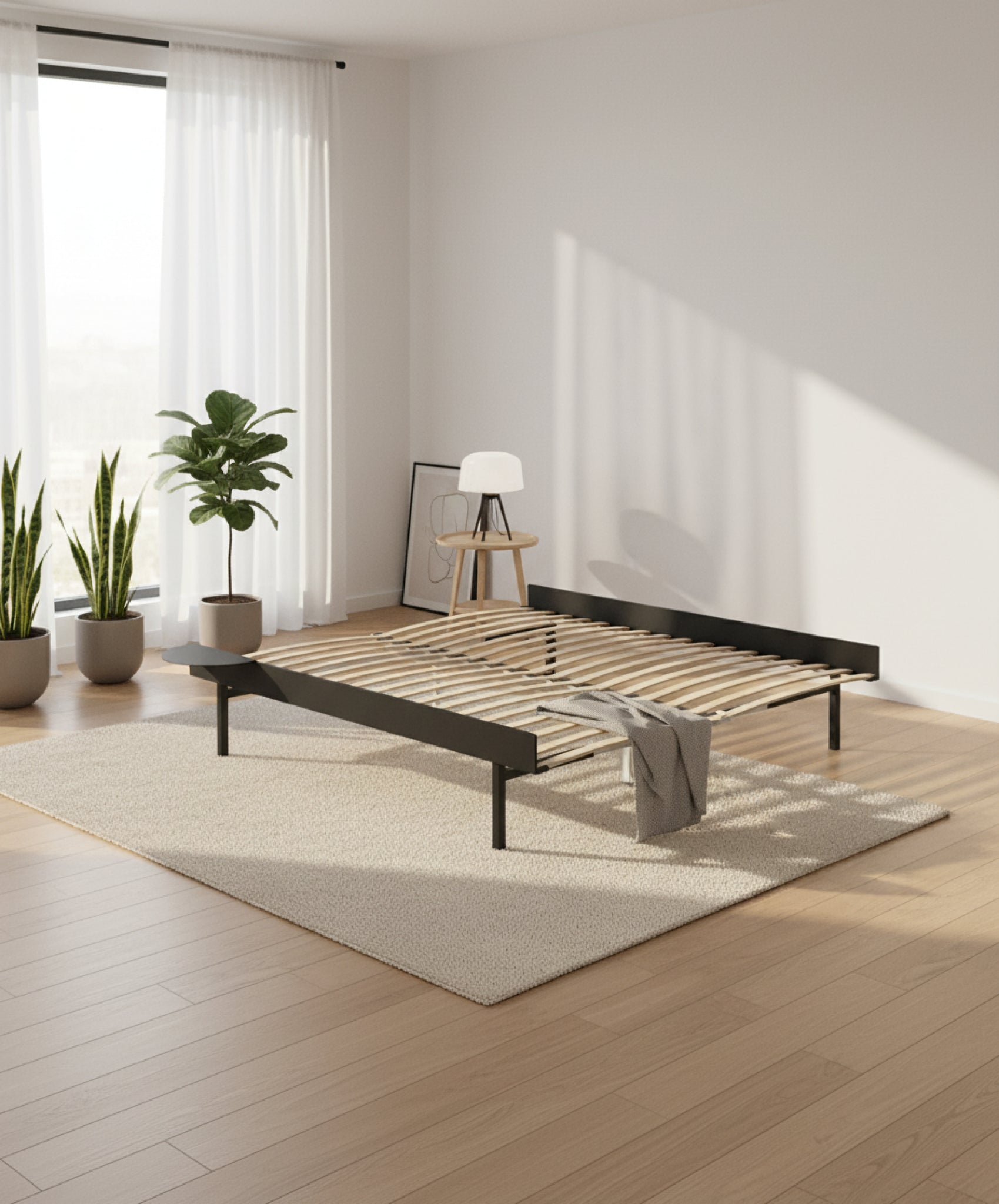 Moebe Bed, Tall Legs, 180 Cm, Slats, 1x Side Table, Black