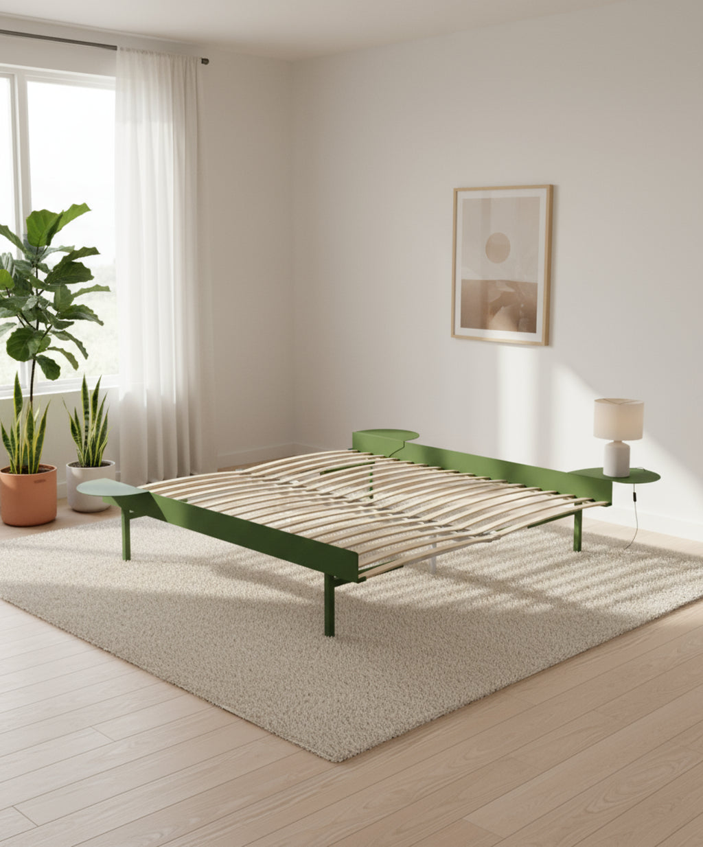 Moebe Bed, Tall Legs, 180 Cm, Slats, 2x Side Table, Pine Green