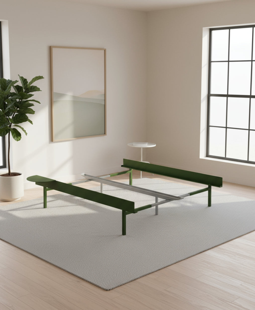 Moebe Bed, Tall Legs, 90-180 Cm, 1x Side Table, Pine Green